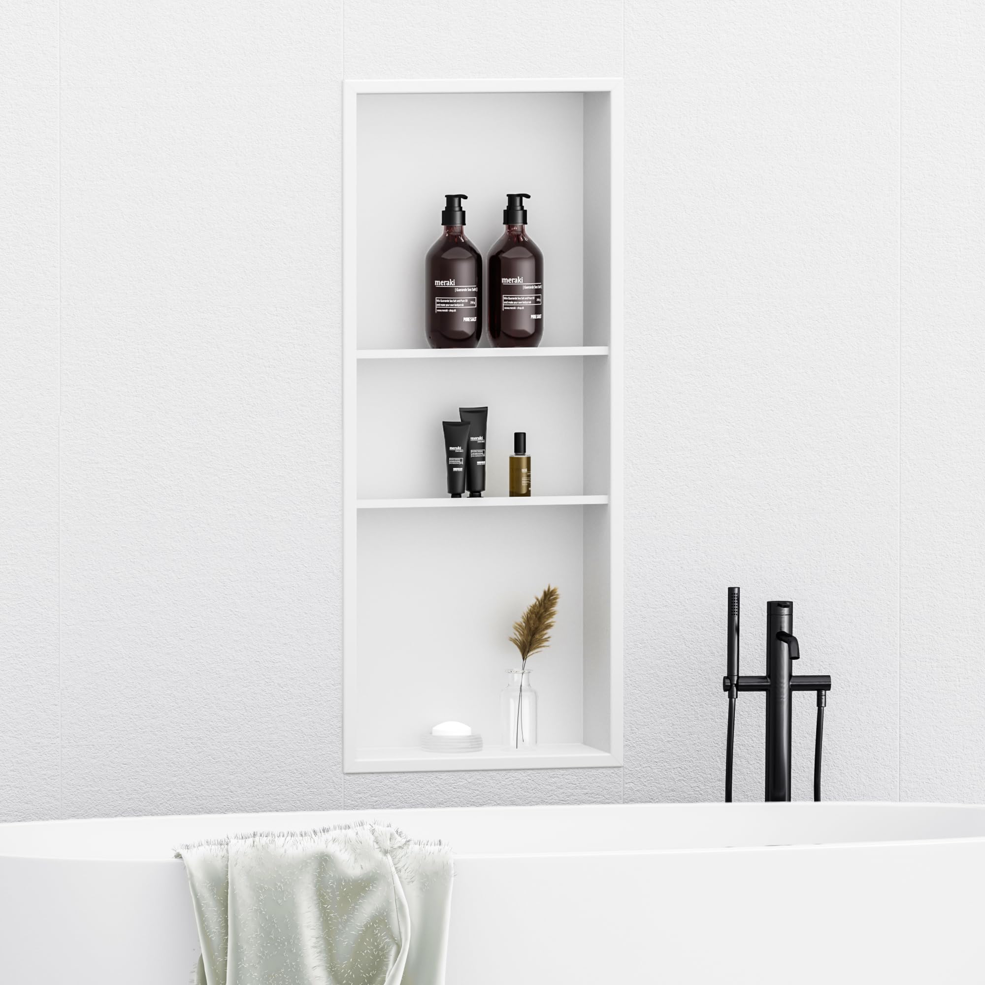 Neodrain 12X30 White Shower Niche - Stainless Steel Recessed Bathroom Storage Shelf - No Tile Needed - Perfect for Shampoo, Soap & Bath Essentials Organization