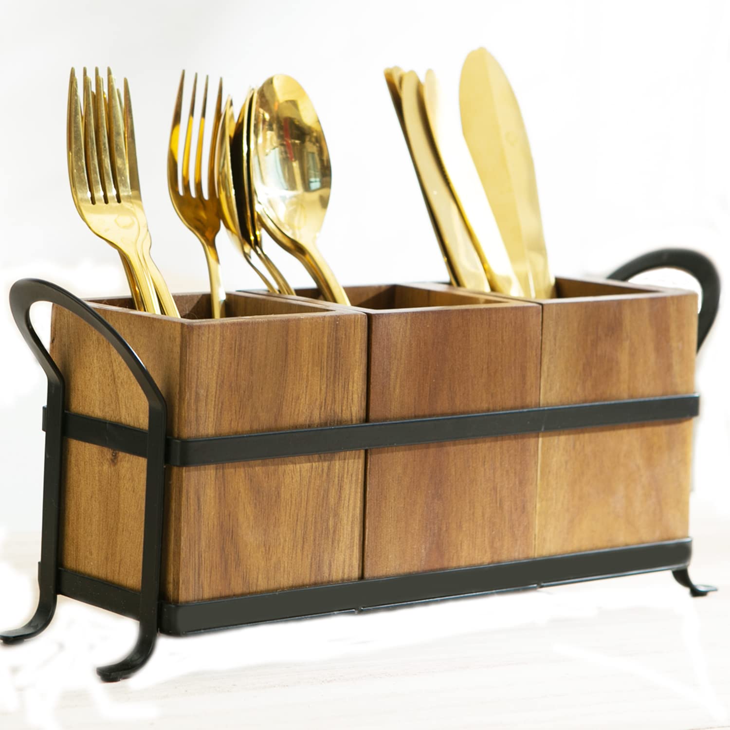 Wooden Utensil Caddy with 3 Compartments & Metal Tray - Rustic Silverware Organizer for Farmhouse Kitchen Countertop | Perfect for Dining Room, Kitchen Drawer, and Countertop Organization