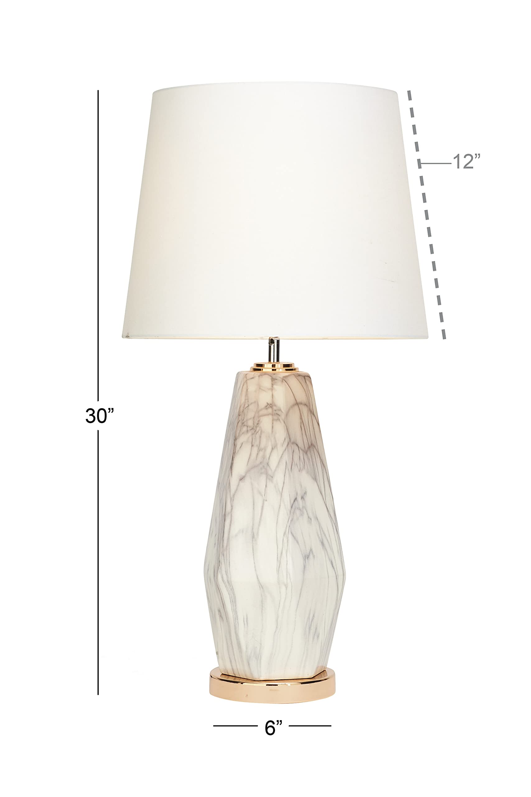 CosmoLiving by Cosmopolitan White Ceramic Table Lamp with Gold Base - 15x15x30 Inch Faux Marble Accent Lighting for Bedroom, Living Room & Office Decor