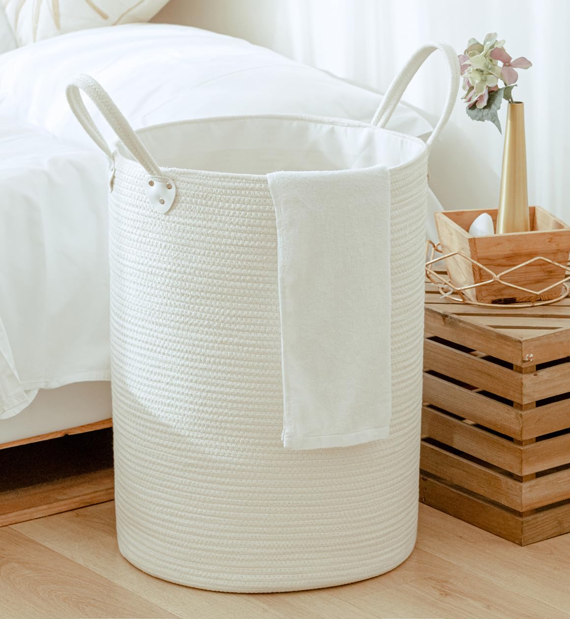 Homlikelan 72L Large Woven Laundry Basket - Tall Wicker Storage Basket for Clothes, Blankets, Toys, Pillows & Shoes | Multi-Purpose Organizer for Bedroom, Living Room, Bathroom & Nursery (White) | Perfect for Home Organization & Space Saving