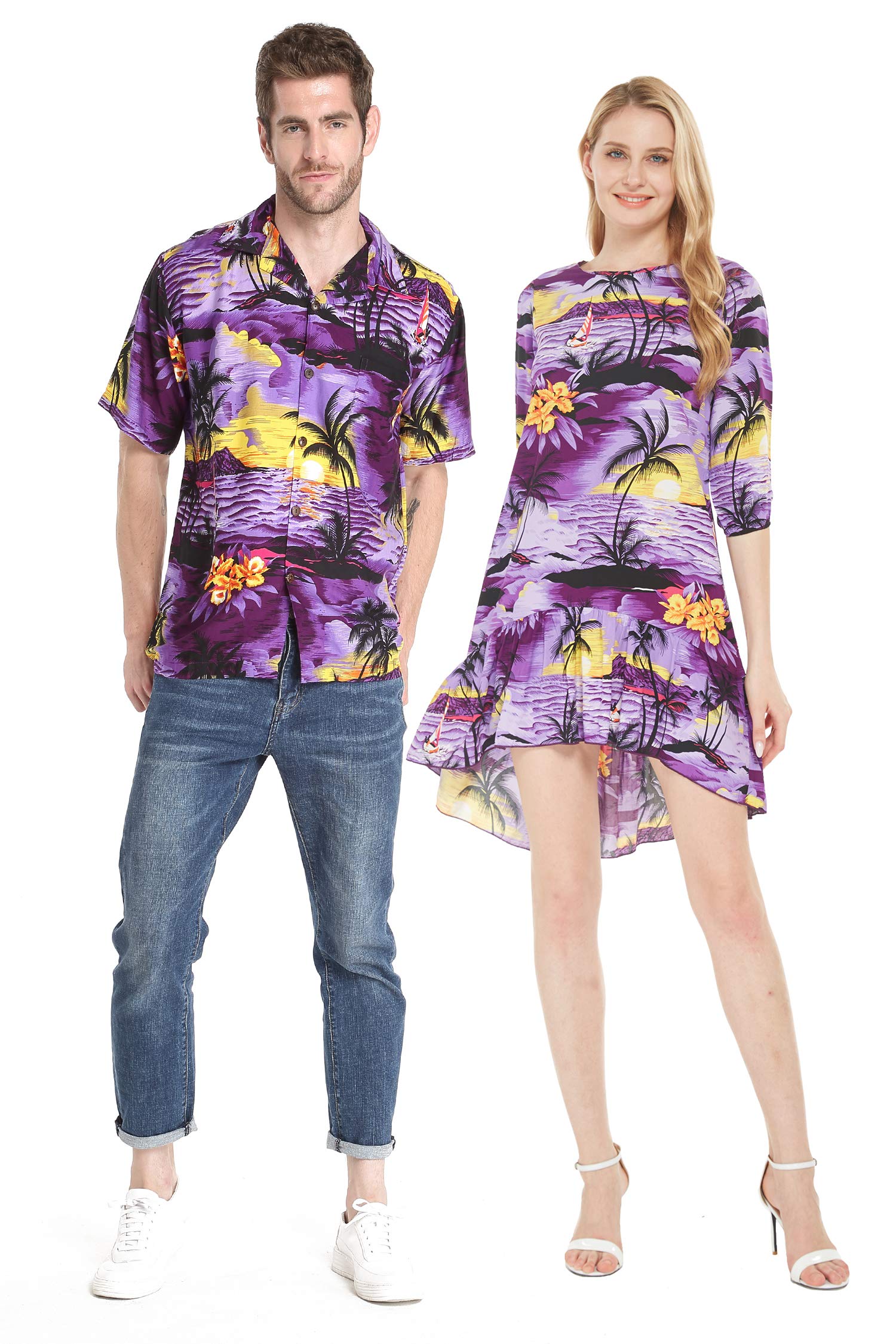 Stylish Couple Matching Hawaiian Luau Shirt & 3/4 Sleeve Ruffle Dress Set in Sunset Blue | Tropical Vacation Outfits for Beach Parties, Summer Weddings & Romantic Getaways