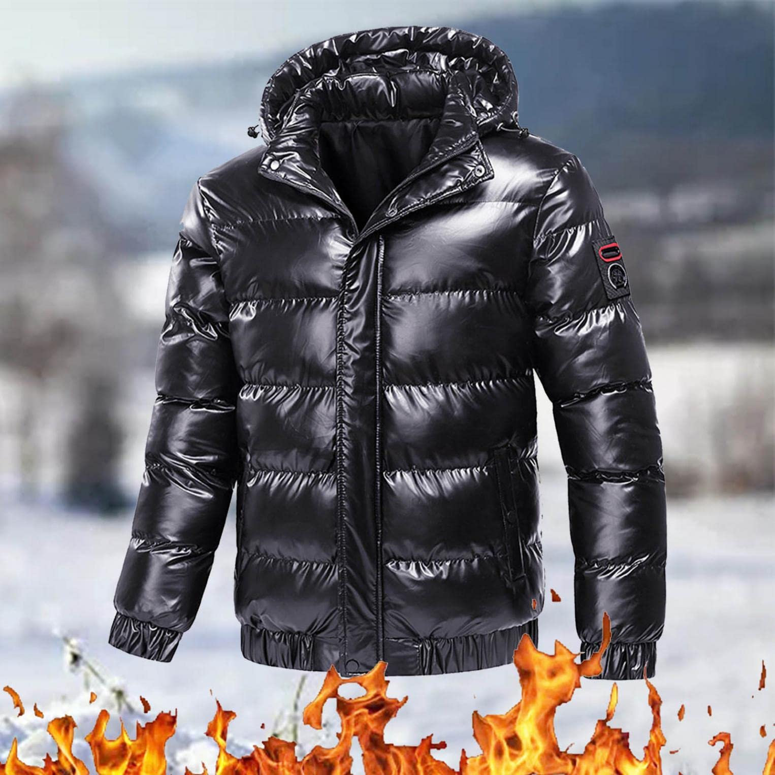 Men's Winter Puffer Jacket - Thick Warm Shiny Bubble Coat with Detachable Hood, Waterproof Down Jacket for Outdoor Activities, Skiing & Cold Weather Protection