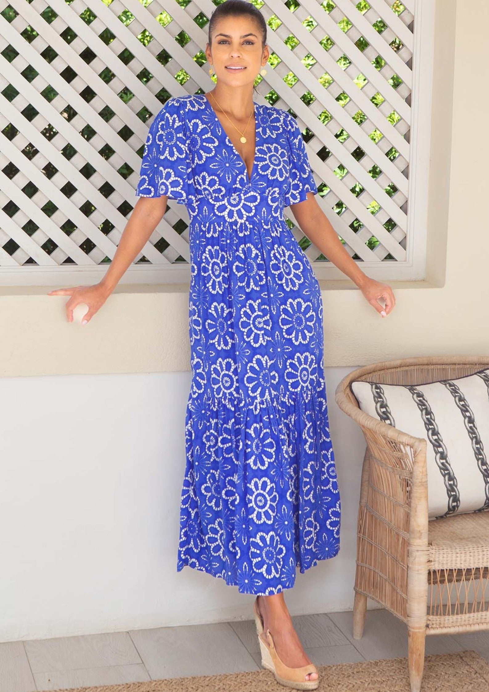 Sylvie EcoVero™ Floral Lace Dress in Cobalt Blue & White | Sustainable Viscose Women's Fashion | Perfect for Weddings & Summer Parties