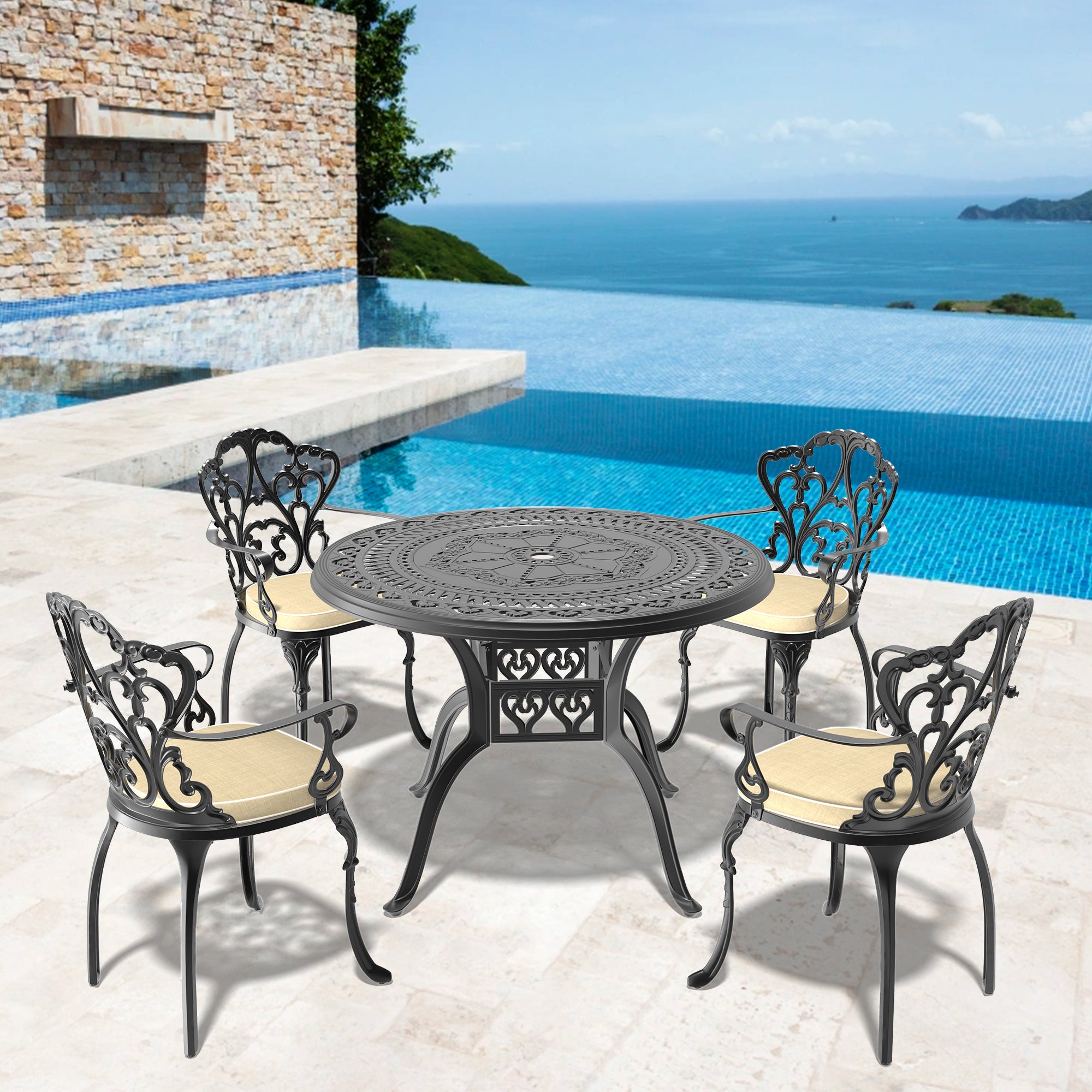 5-Piece Cast Aluminum Patio Furniture Set with Cushions - Outdoor Garden, Poolside, Backyard Lounge Seating (Random Color Cushions Included)