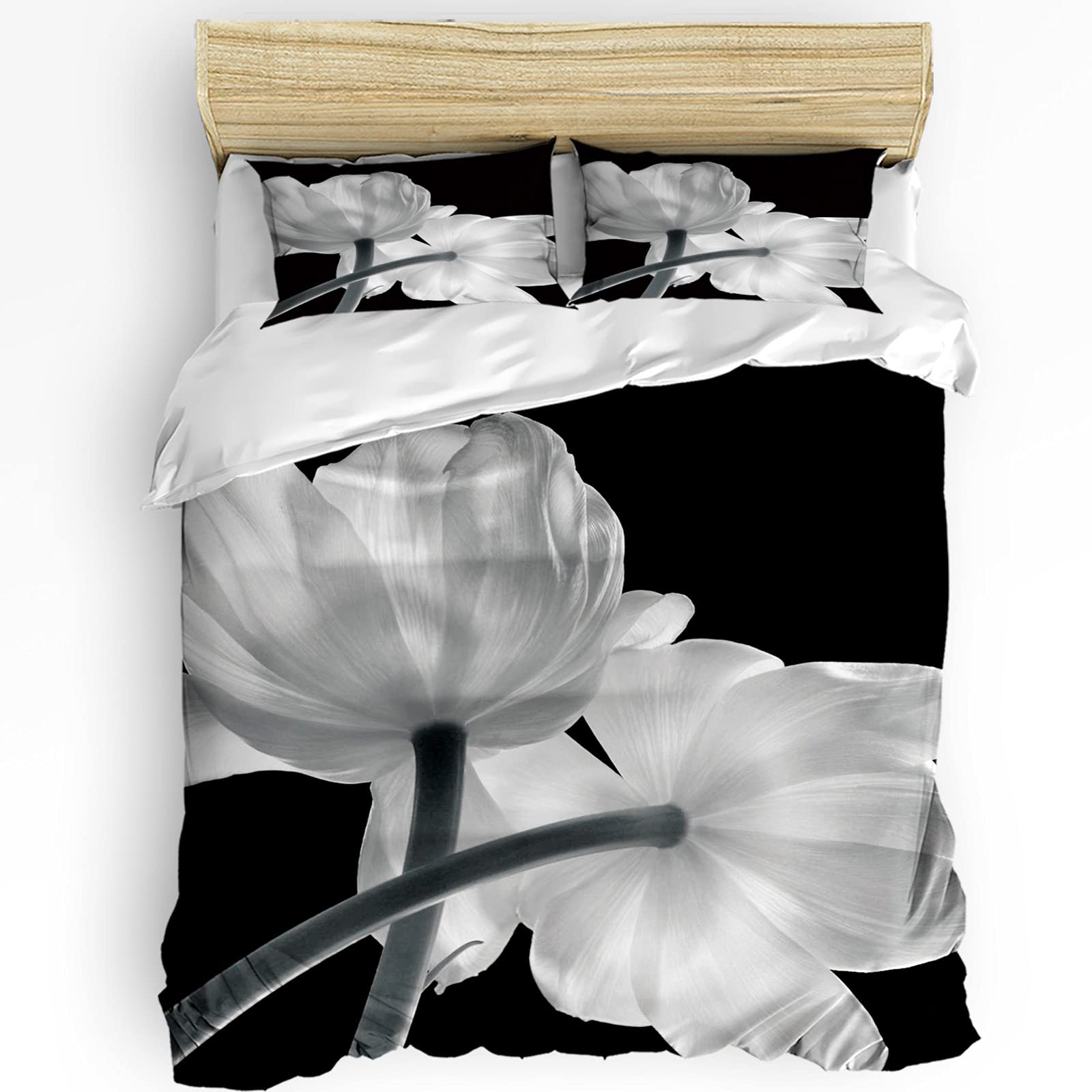Premium Black and White Floral Burlap Duvet Cover Set with Tulip Design - Soft Comforter Cover & 2 Pillowcases for Teens, Kids & Adults - Perfect for Modern Bedrooms, Guest Rooms & Dorm Decor