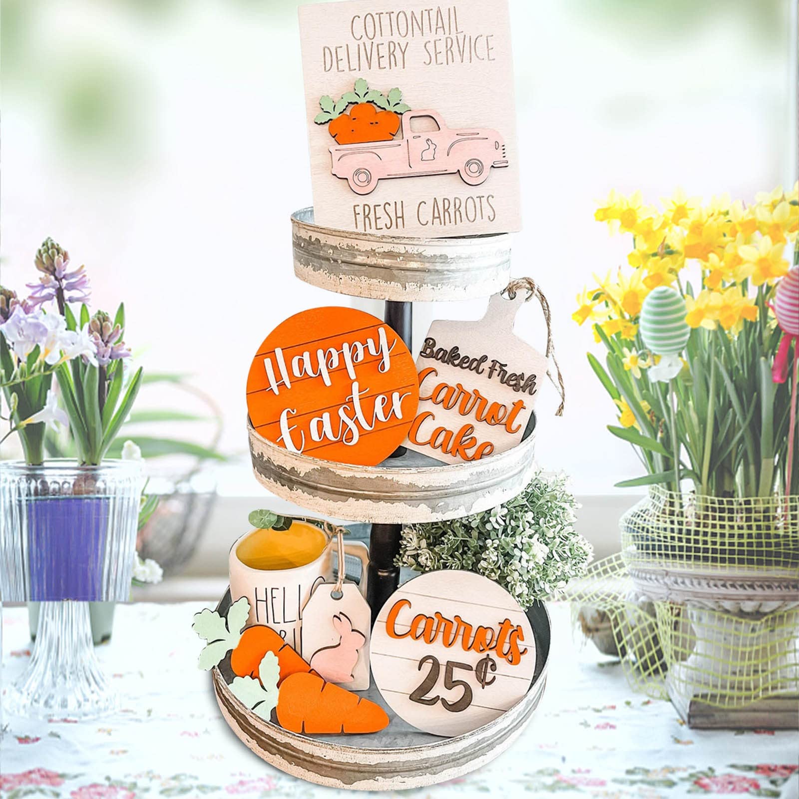 3D Mini Wooden Bunny Signs Easter Tiered Tray Decor - Rustic Wooden Easter Decorations for Home, Office & Party - Perfect for Spring Table Centerpiece, Shelf Display & Holiday Gift Giving