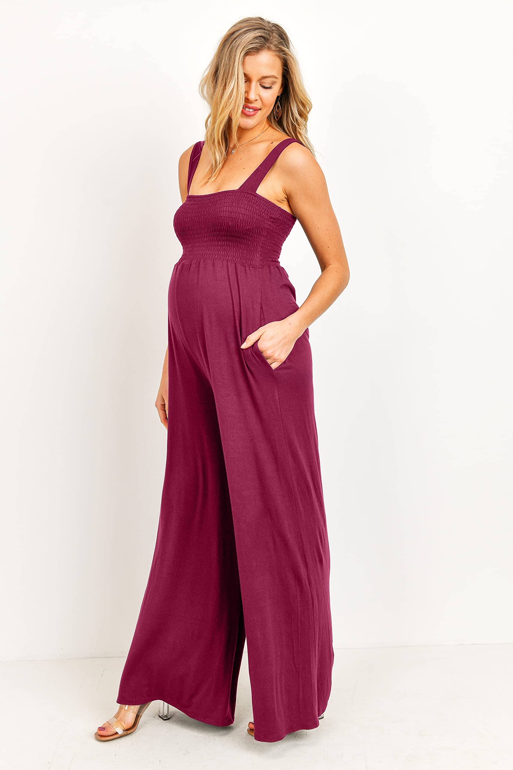Women's Maternity Sleeveless Jumpsuit Romper - Comfortable Smocked Neck & Pockets - Perfect for Pregnancy, Nursing, Summer Outfits & Casual Wear