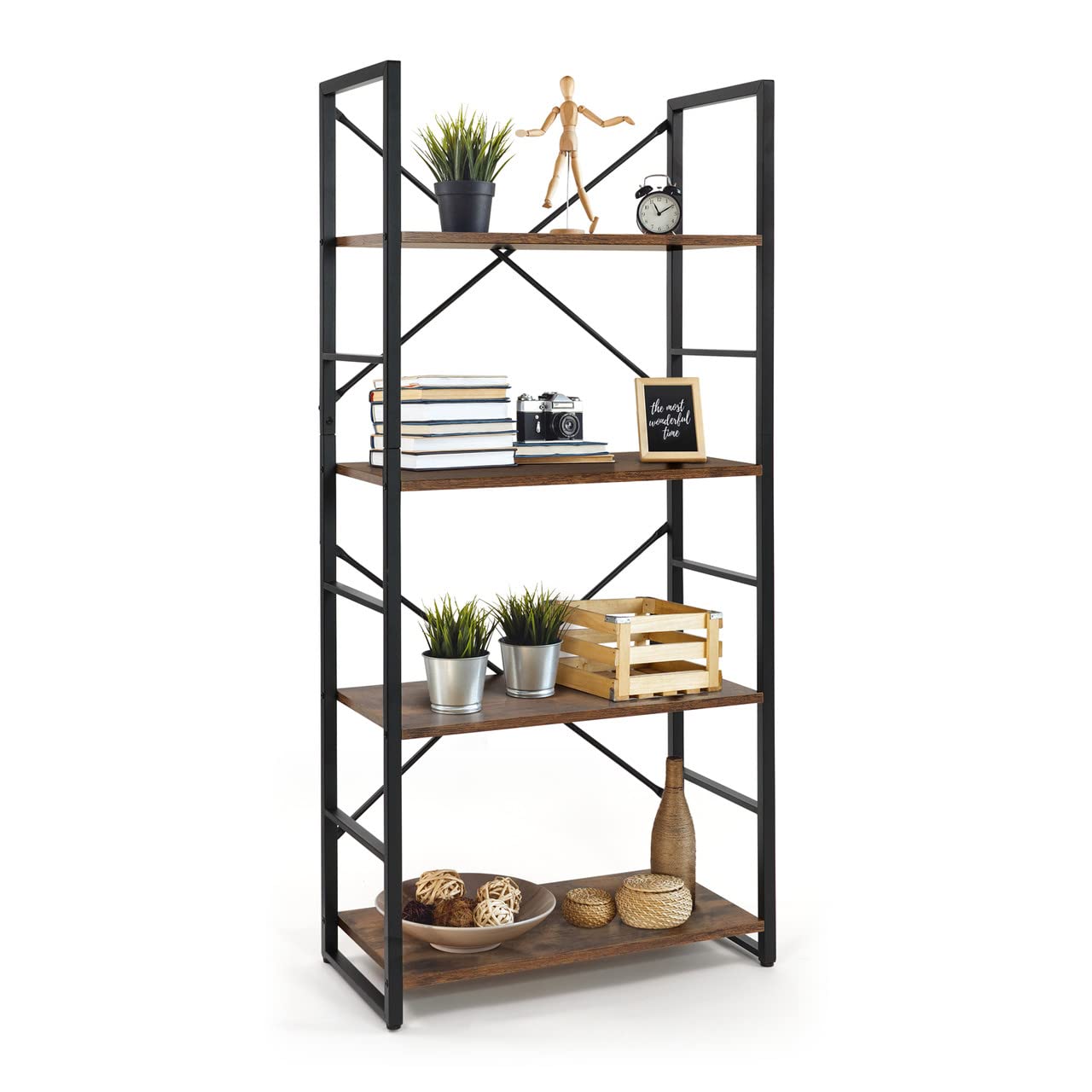 CAPHAUS 4 Tier Bookshelf - 24 Inch Wide Free Standing Bookcase with Metal Frame & Rustic Oak Finish | Home Office, Living Room, Kitchen Storage Organizer | Perfect for Storing Books, Decor & Essentials in Modern Farmhouse Style