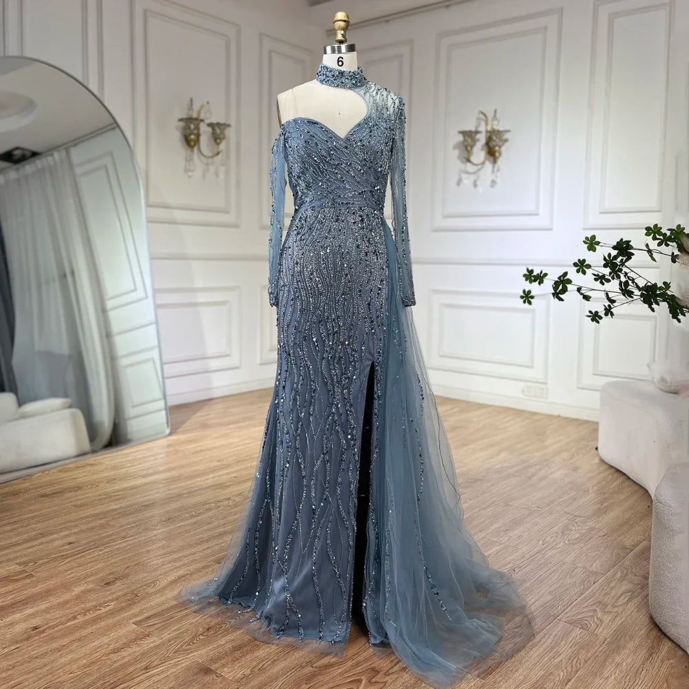 Elegant Blue Beaded Mermaid Evening Dress with High Slit for Women - Wedding, Party, Prom & Formal Gowns - Perfect for 2025 Special Occasions & Arabic Celebrations