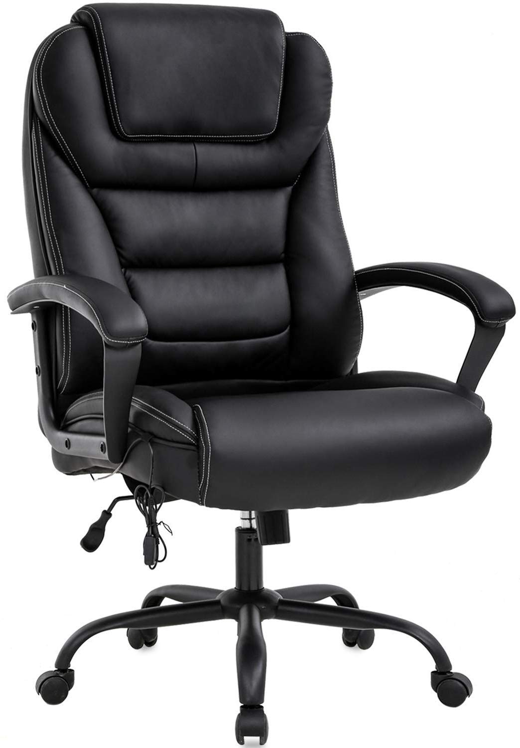 500lbs Heavy Duty Big & Tall Office Chair - Wide Seat Ergonomic Desk Chair with Adjustable Lumbar Support, Massage Function & Armrests - High Back Leather Executive Swivel Rolling Computer Chair for Managers (Black) - Perfect for Home Office, Conference Rooms & Long Work Sessions