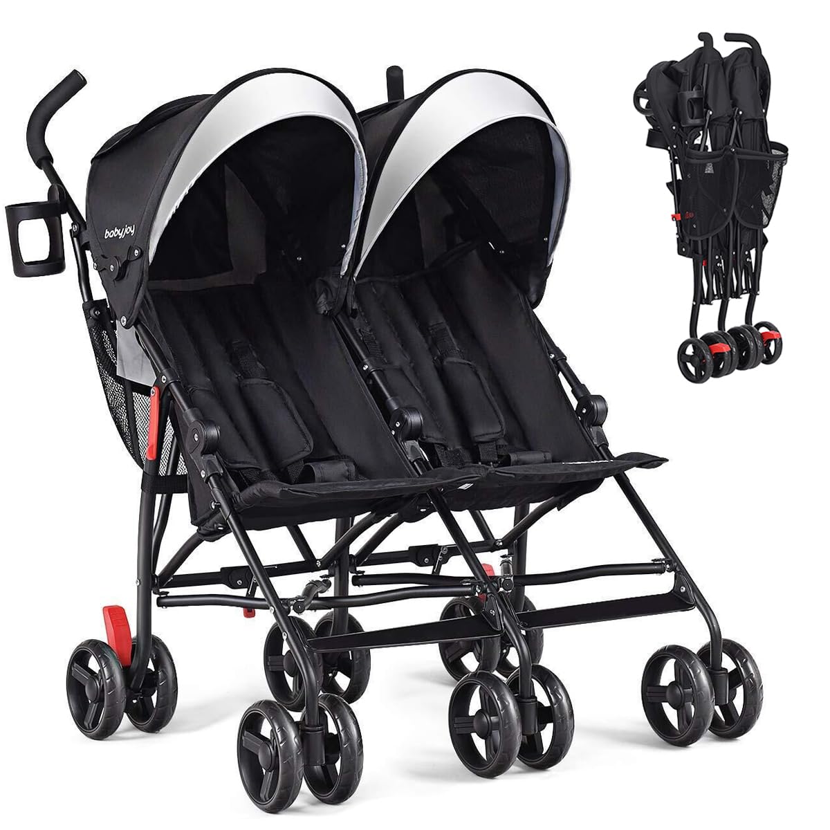 **BABY JOY Double Umbrella Stroller - Lightweight Side by Side Twin Stroller for Travel with Large Storage Basket, Cup Holder, 5-Point Safety Harness, Adjustable Canopy & Compact Fold - Ideal for Infants & Toddlers (Black) - Perfect for Shopping, Park Walks & Family Outings**