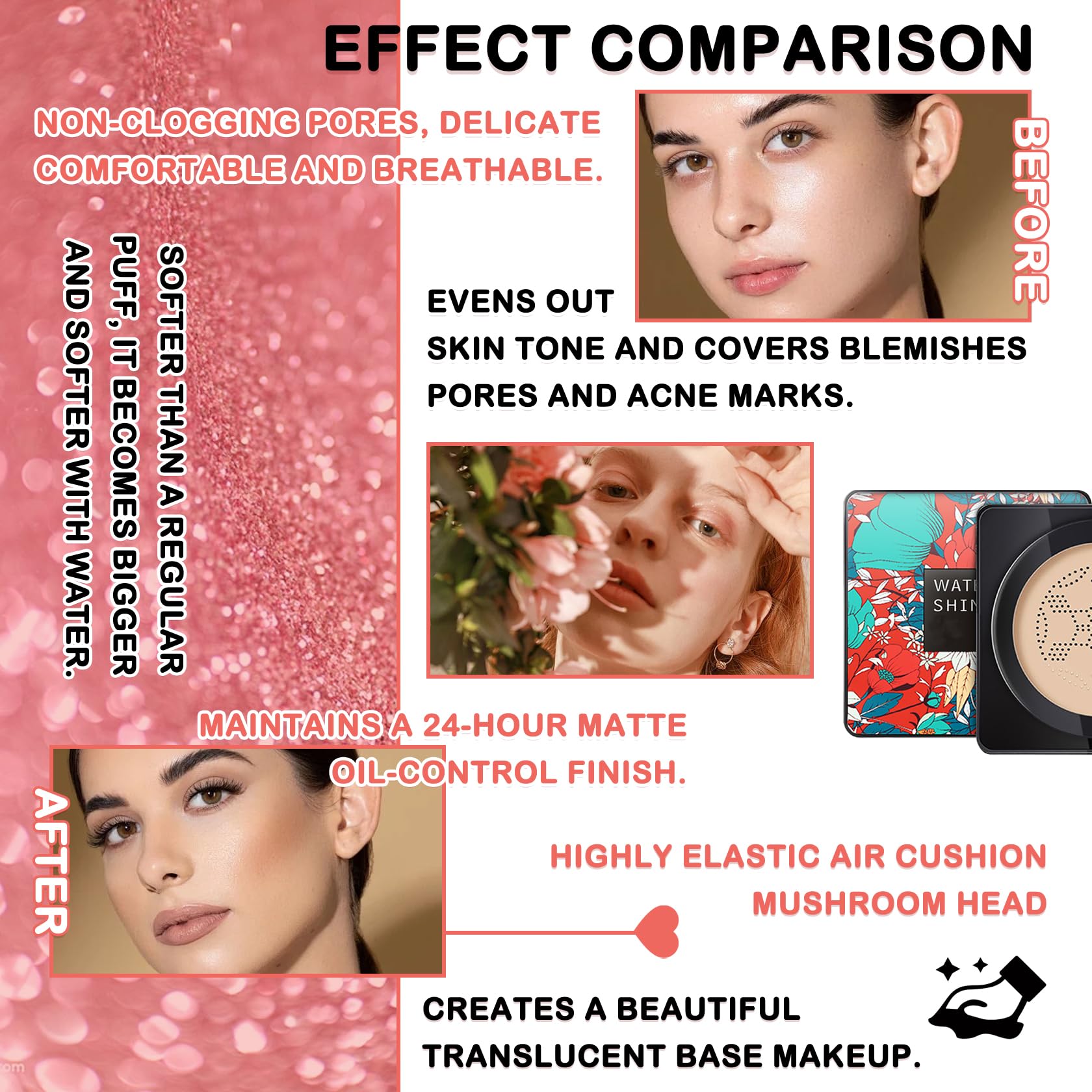 Mushroom Head Air Cushion CC Cream - Full Coverage Liquid Foundation with Oil Control & Long Lasting Moisture | Concealer, BB Cream & Setting Powder | Includes Makeup Sponge for Flawless Application | Perfect for Daily Wear, Special Occasions & On-The-Go Touch Ups