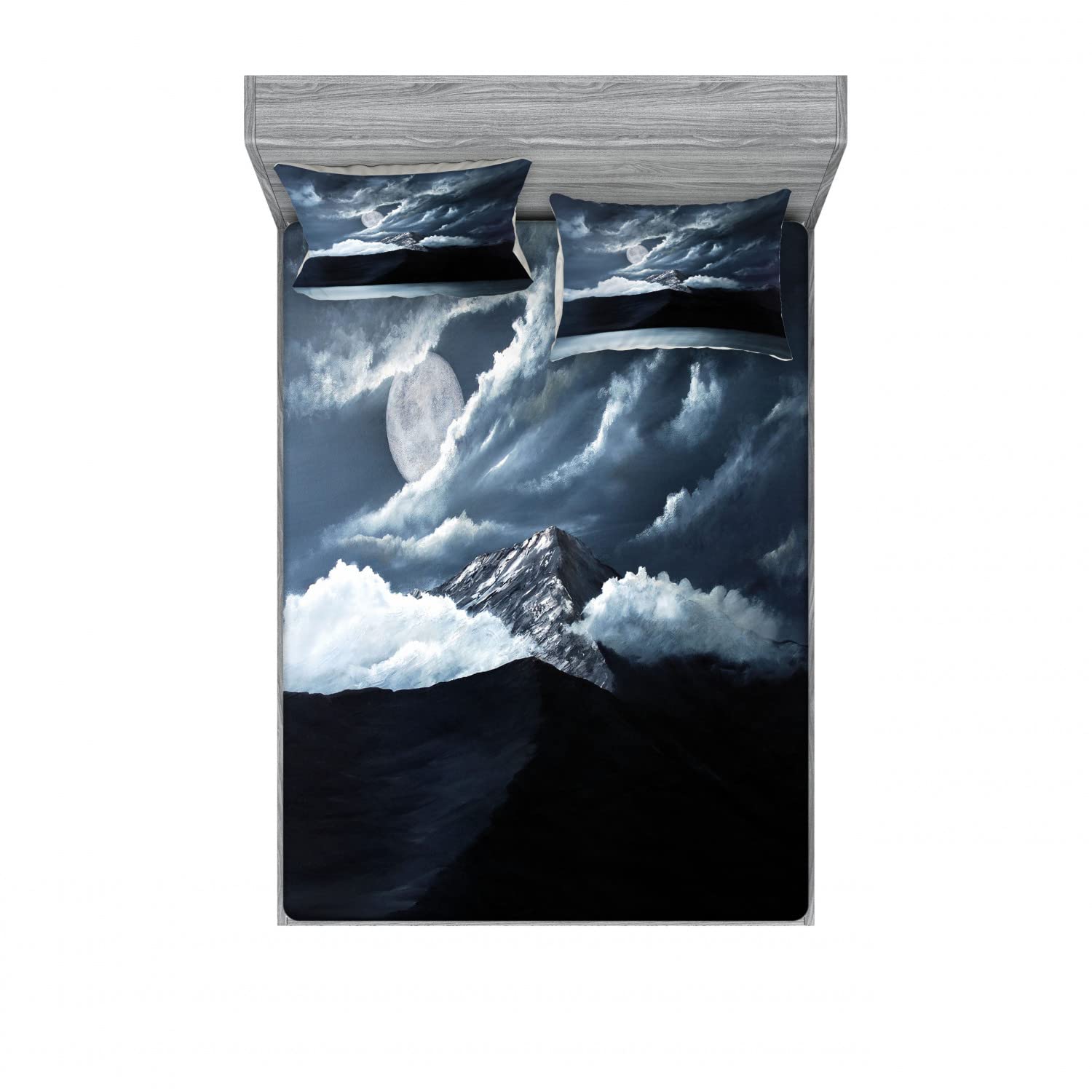 Ambesonne 2-Pack Fitted Sheet and Pillow Sham Set - Lake Hill Landscape Design, 4-Piece Bedding Set Includes 2 California King Fitted Sheets & 4 Pillowcases, Grey - Perfect for Master Bedroom, Guest Room, and Vacation Home Decor