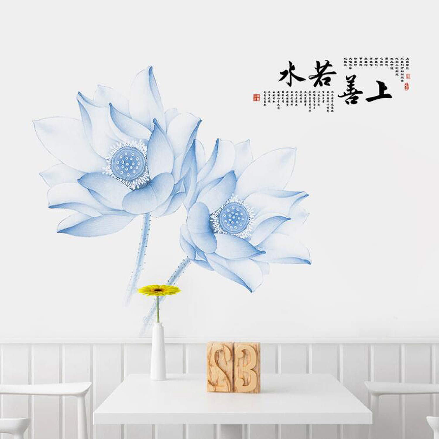 Samanoya Floral Wall Decals - Removable Lotus Flower & Tulip Peel and Stick Wall Stickers for Living Room, Bedroom, Office - Light Blue Lotus Home Decor for Walls - Perfect for Nursery, Dorm, Wedding Decorations