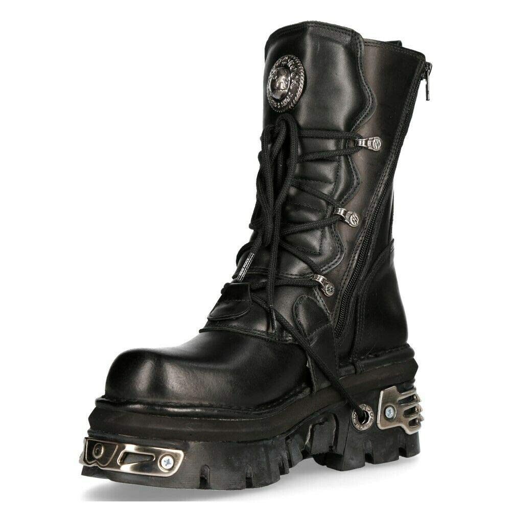 New Rock Unisex M.373-S4 Metallic Black 100% Leather Goth Biker Emo Fashion Reactor Boots - Perfect for Alternative Fashion, Motorcycle Riding & Nightlife