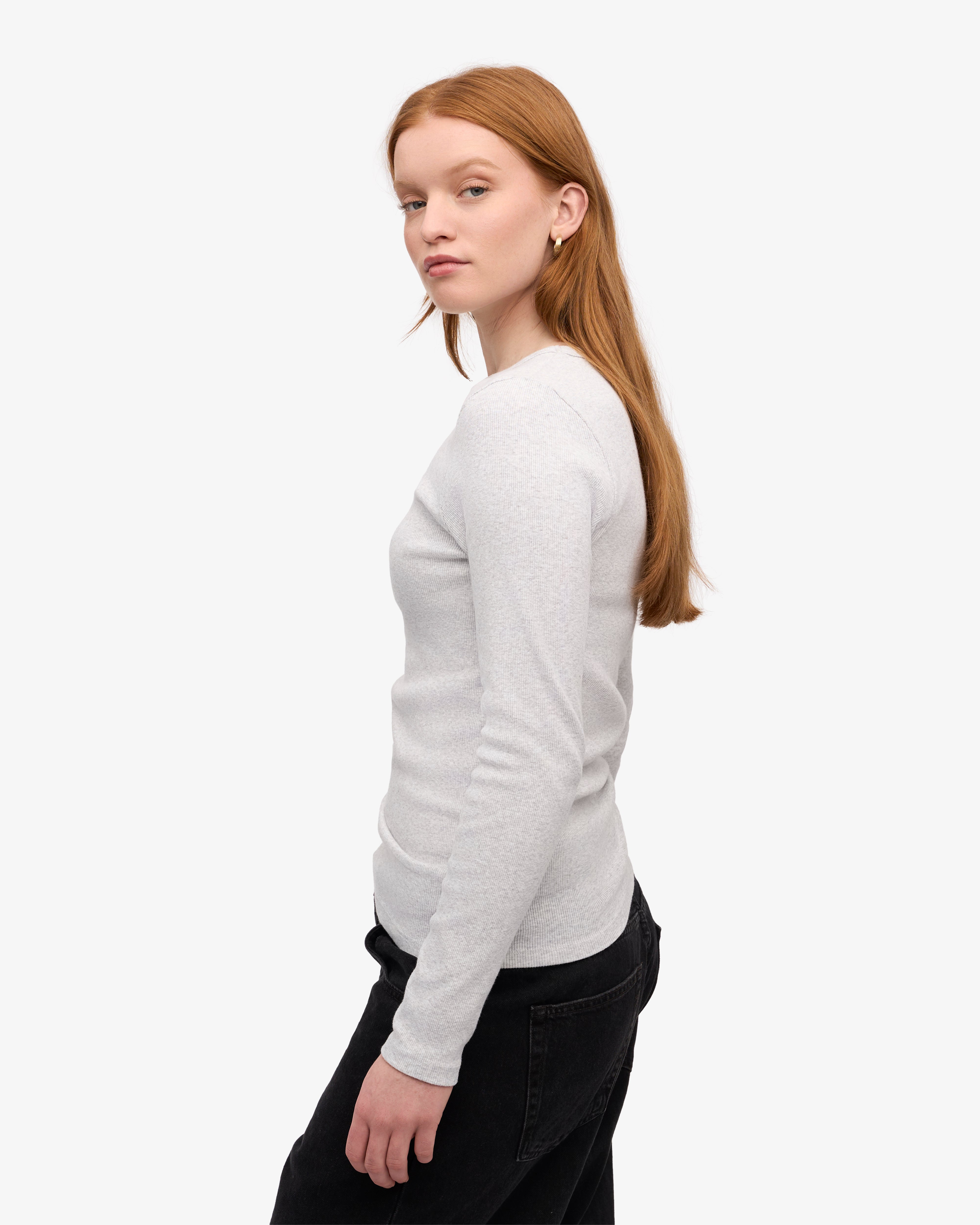 Organic Women's Long Sleeve Ribbed T-Shirt - Snow Melange Color | Soft Comfortable Casual Top for Everyday Wear, Work & Outfits