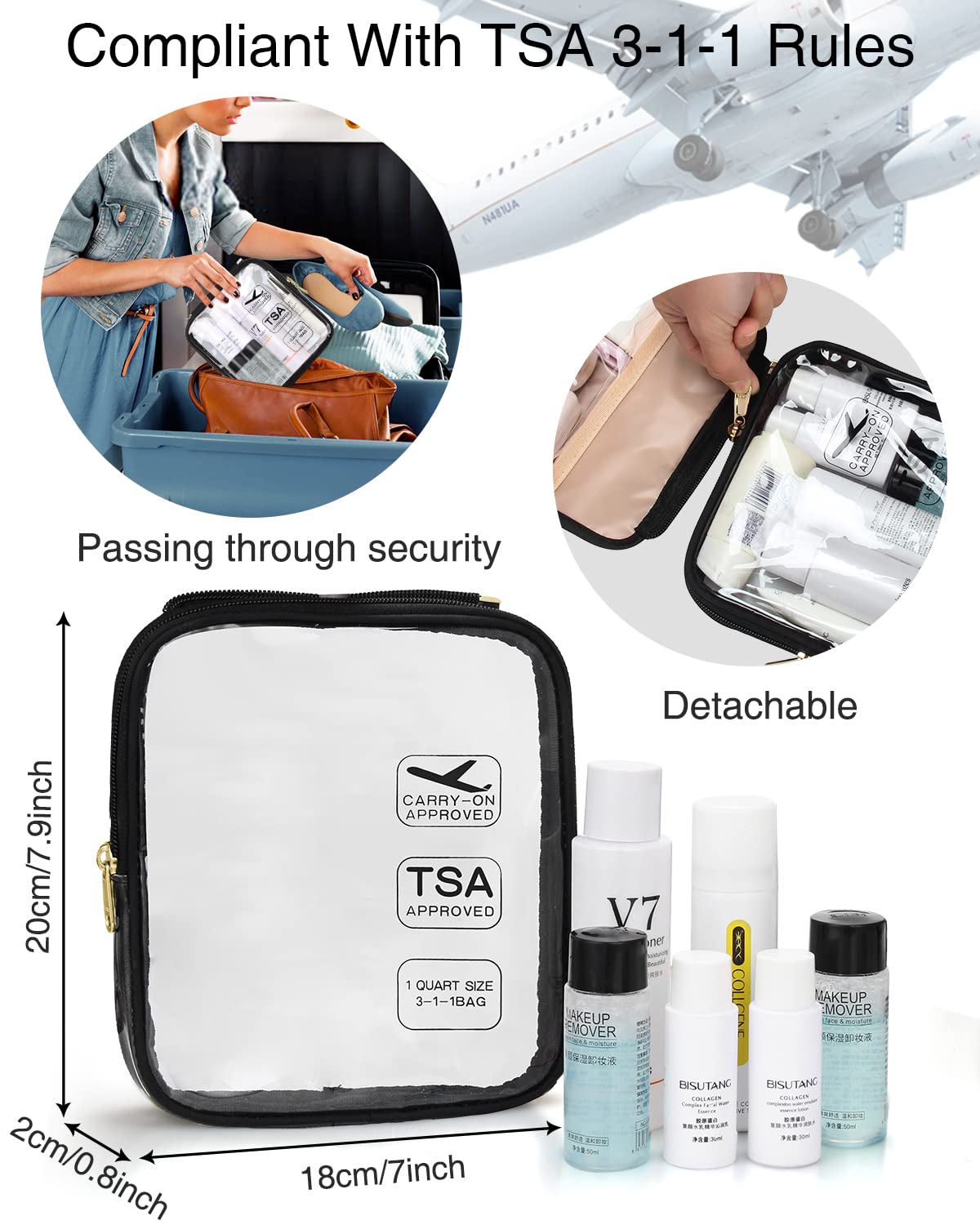 Relavel Travel Toiletry Bag for Women - TSA Approved Detachable Hanging Cosmetic Bag, Compact Waterproof Clear Carry On Organizer for Toiletries (Small, Black) - Perfect for Air Travel, Camping & Gym Essentials