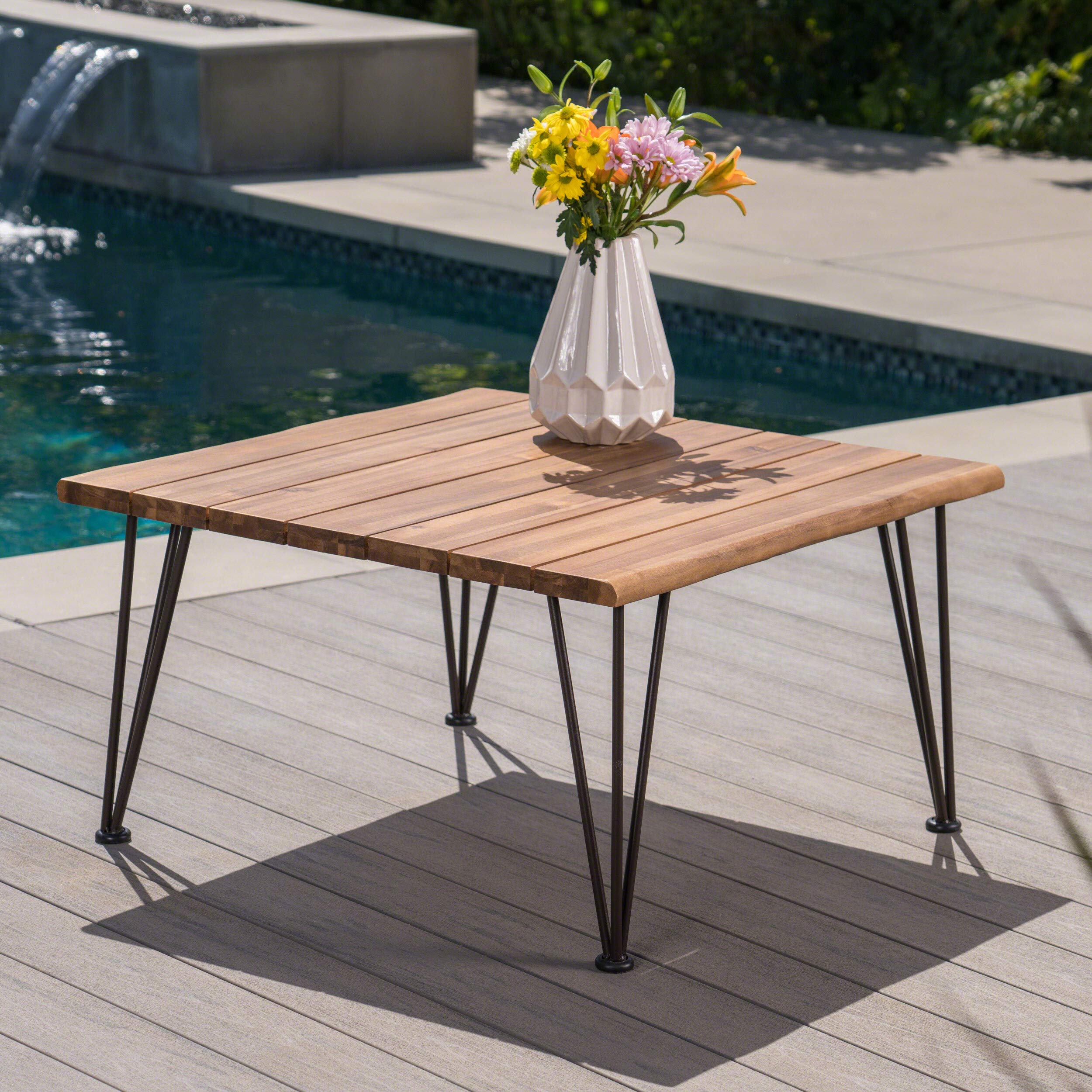 Christopher Knight Home Zion Outdoor Industrial Acacia Wood Coffee Table with Iron Frame - Rustic Teak Finish for Patio, Garden, or Backyard Decor