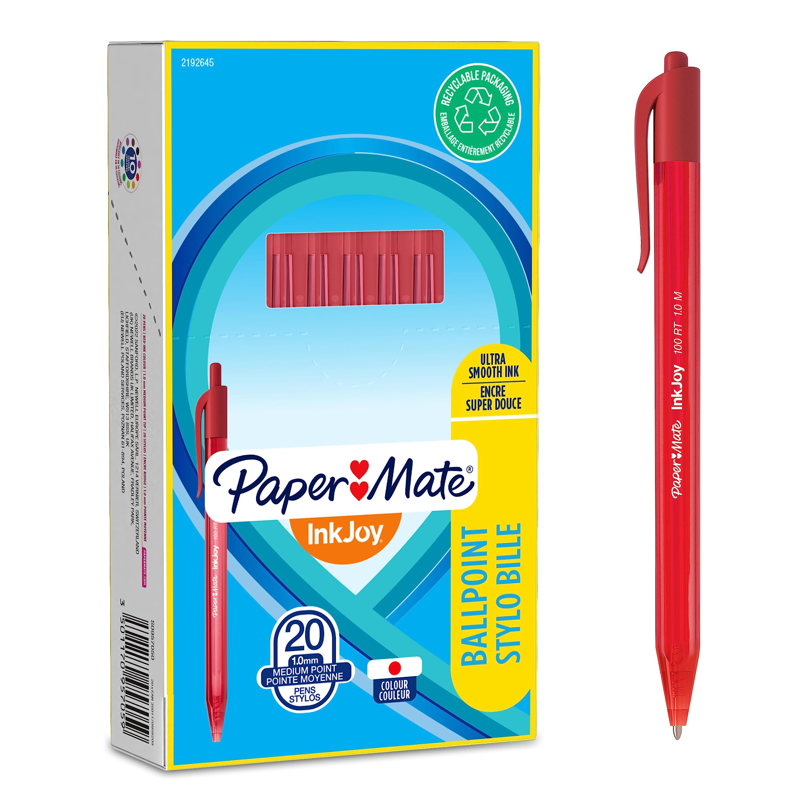 Paper Mate InkJoy 100RT Retractable Ballpoint Pens - Medium Point (1.0mm) - Red Ink - 20 Count Pack - Smooth Writing for Office, School & Note Taking