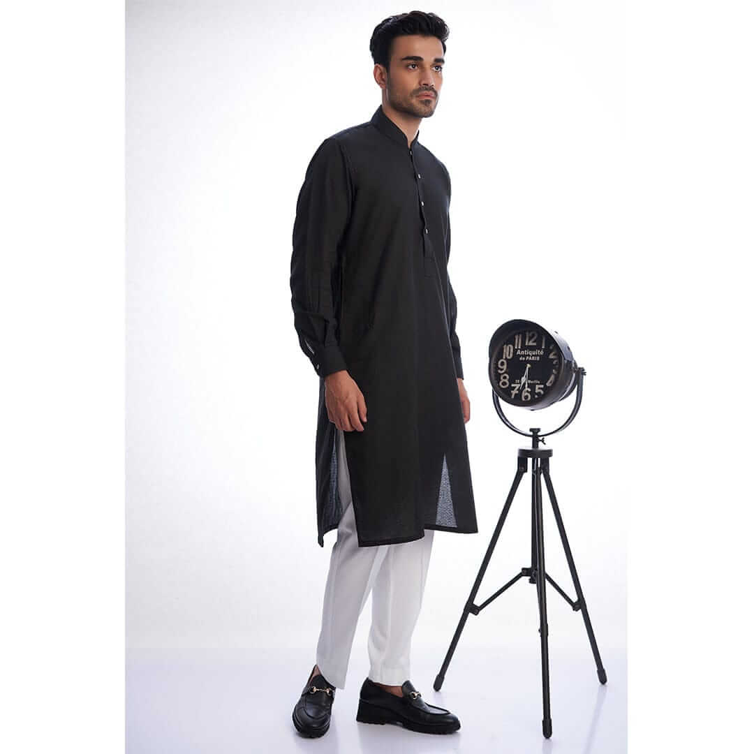 Stylish Black Textured Kurta with White Trousers/Shalwar - Traditional Pakistani Outfit for Men, Perfect for Eid, Weddings & Special Occasions