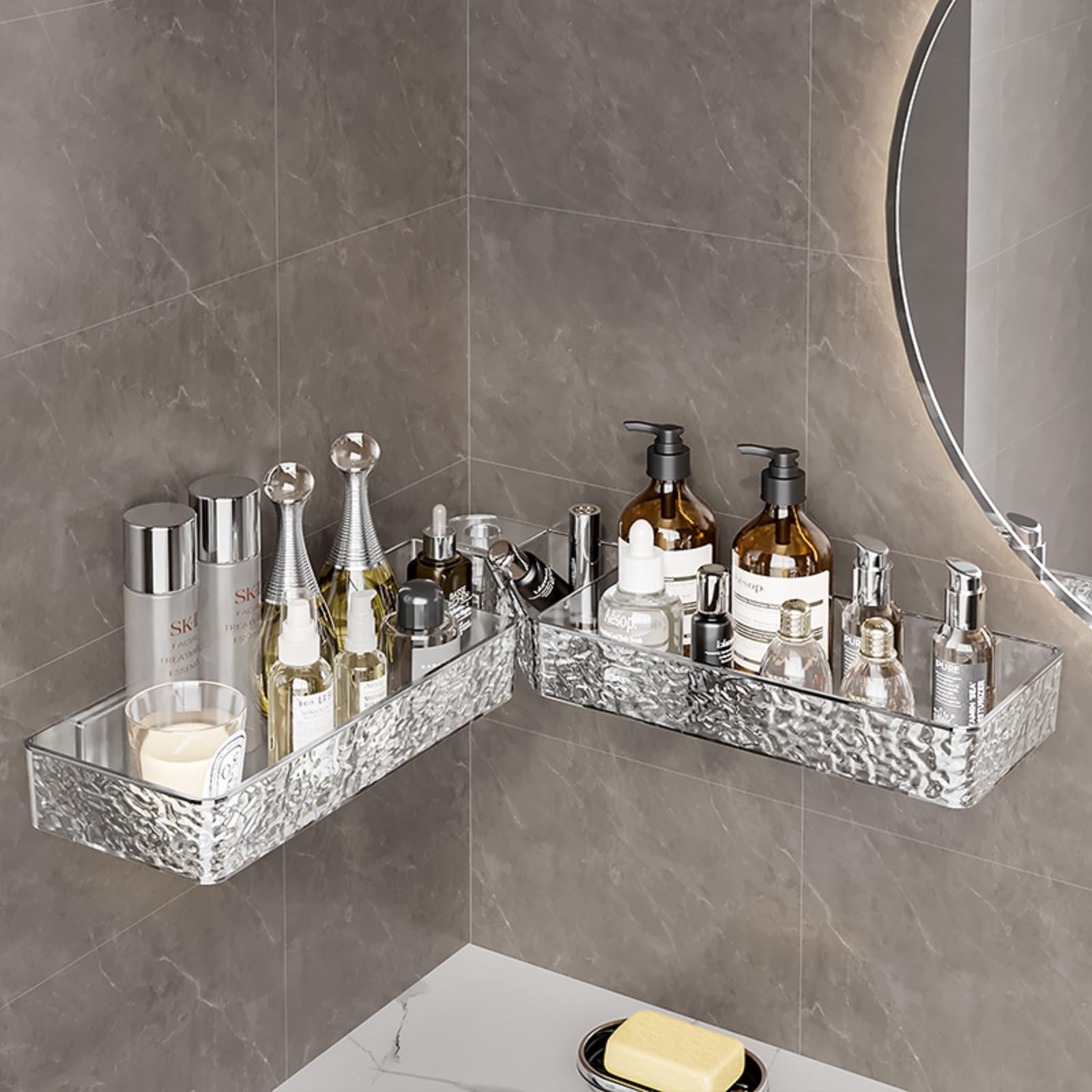 Clear-Glacier Pattern Acrylic Corner Shower Caddy - No Drill Wall Mounted Bathroom Shelf with Strong Adhesive Tape - Waterproof Shower Organizer for Bathroom & Kitchen Storage (Perfect for Small Spaces, Apartments, Dorms)