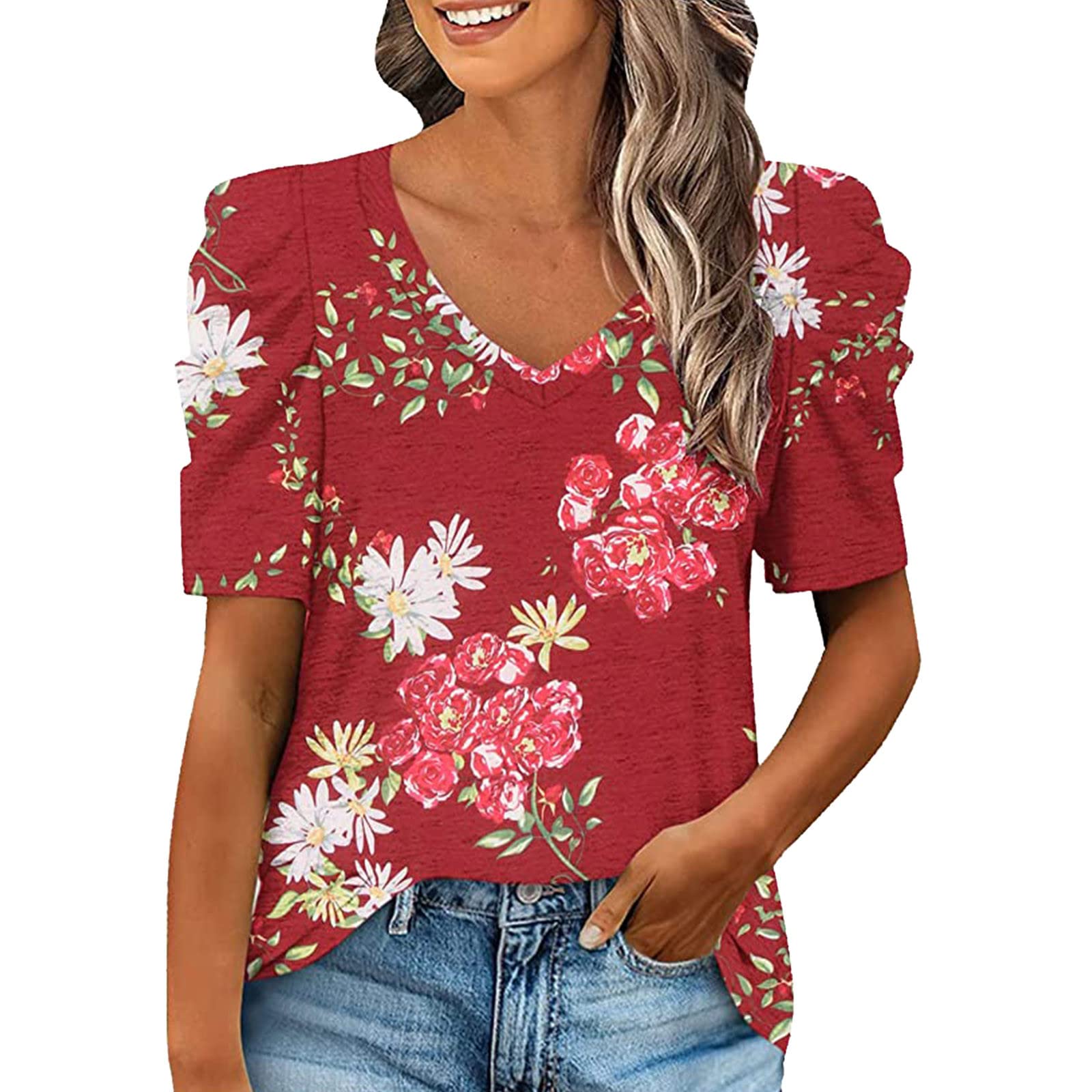 Women's White Floral Print V-Neck Ruching Tank Top - Casual & Workout Short Sleeve Shirt for Yoga, Gym, Summer Outfits