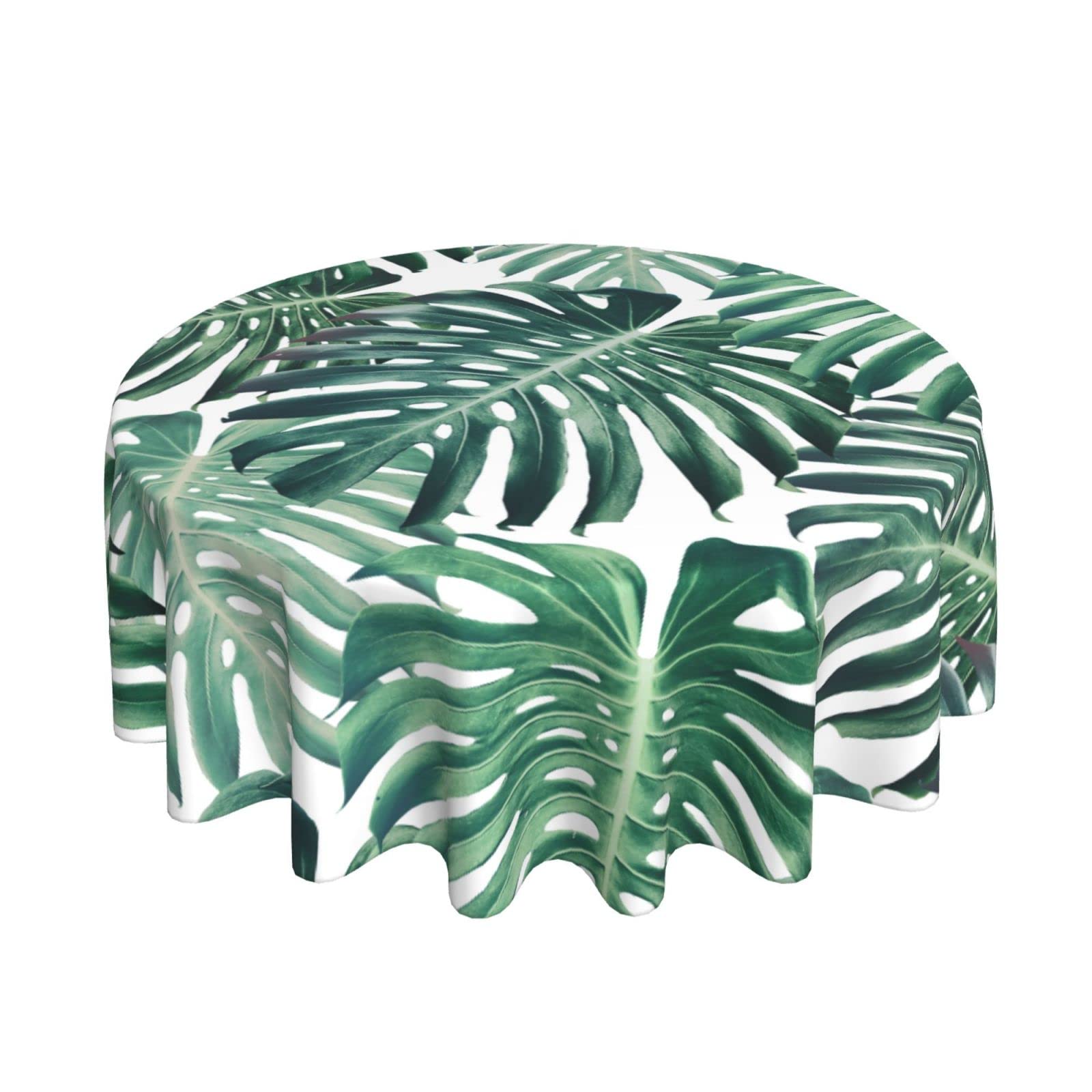 Waterproof Monstera Palm Leaf Round Tablecloth - 60 Inch Washable Fabric Table Cover for Kitchen, Dining Room, Party & Picnic - Tropical Decor for Indoor and Outdoor Use