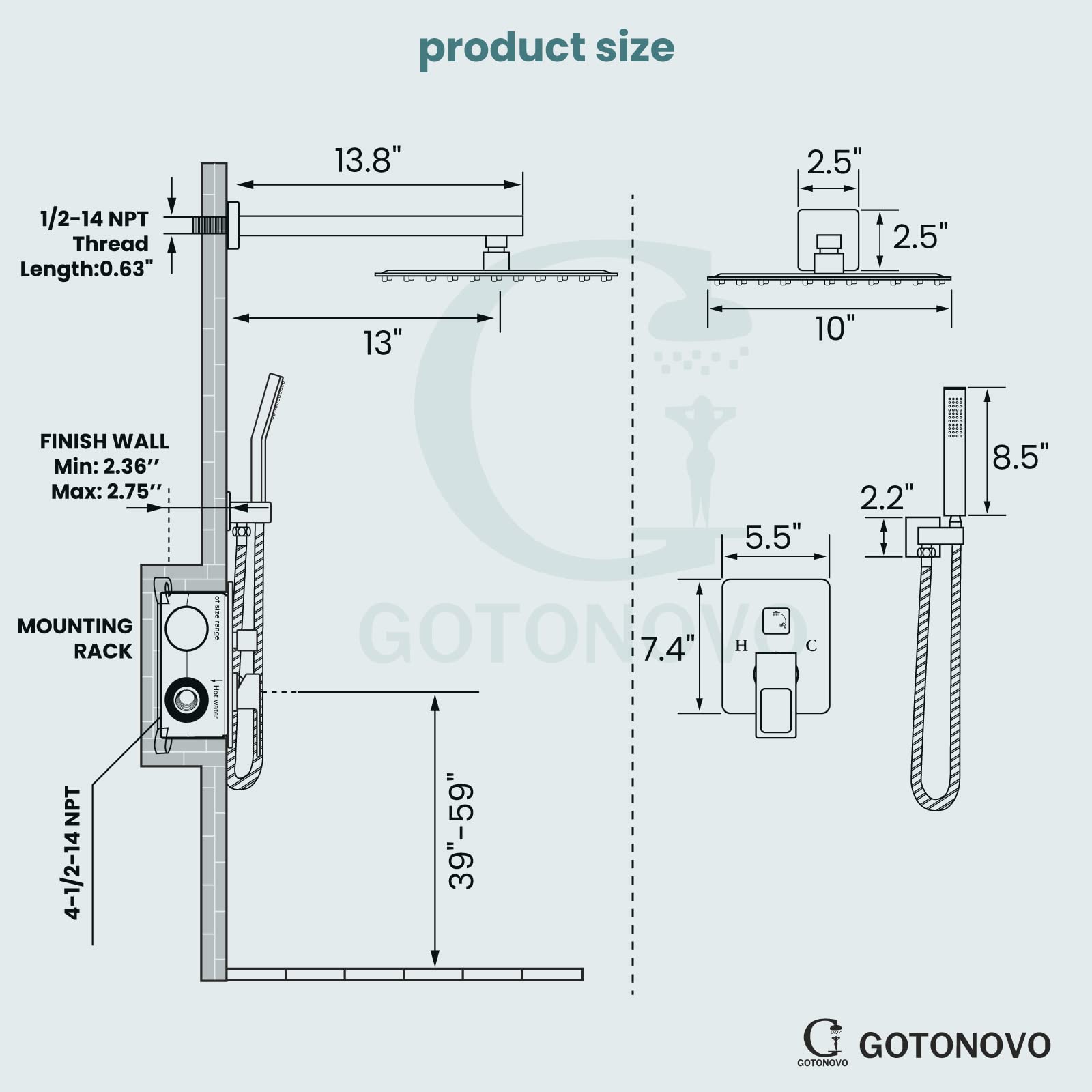 Gotonovo Brushed Nickel Rainfall Shower System Set - 10 Inch Shower Head with Handheld Spray, Wall Mount Mixer Valve & Trim Kit for Modern Bathroom | Perfect for Spa-Like Experience and Luxury Home Renovation