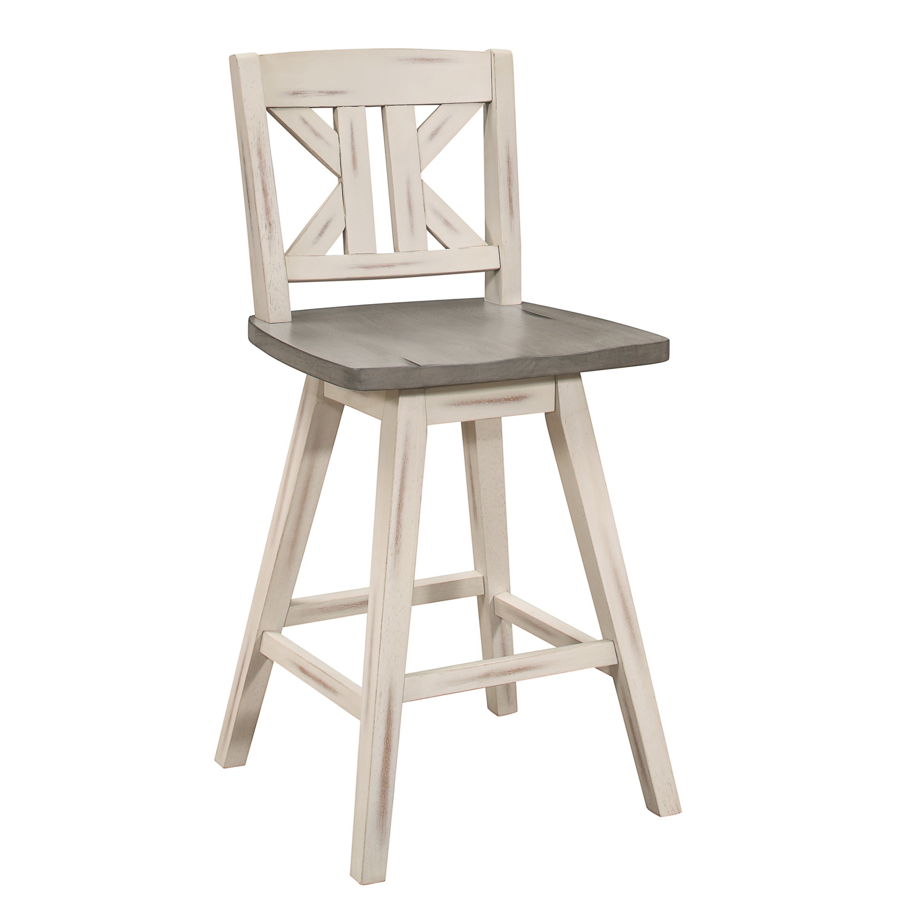 360 Degree Swivel Counter Height Chairs Set of 2 - White & Gray Solid Rubberwood Kitchen Bar Stools with Divided X Back - Perfect for Breakfast Nook, Kitchen Island & Small Dining Spaces