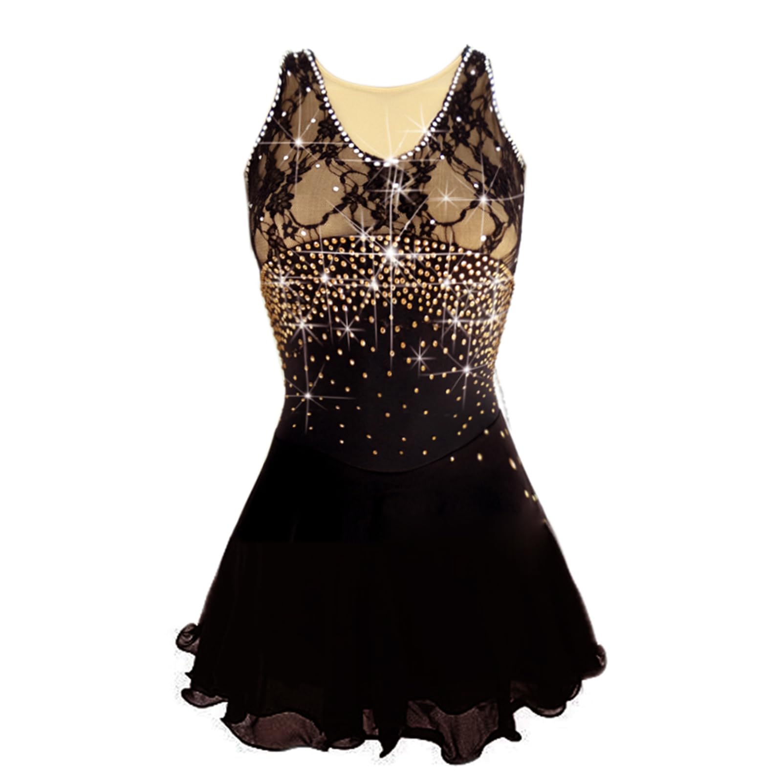 LIUHUO Women's Figure Skating Dress - Black Lace Stretchy Fabric Ice Skating Costume for Girls & Women - Perfect for Solo Competitions, Dance Performances & Ice Shows