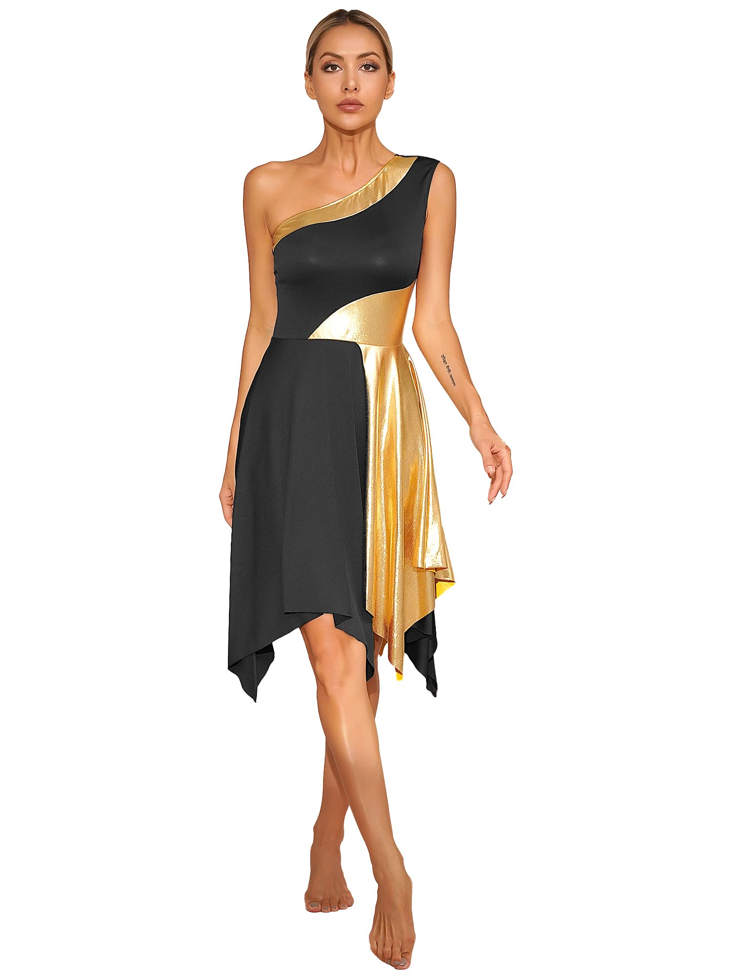 JEYPINMI Women's One Shoulder Liturgical Dance Dress - Color Block Worship & Praise Costume for Church Performances, Choir Events & Spiritual Celebrations