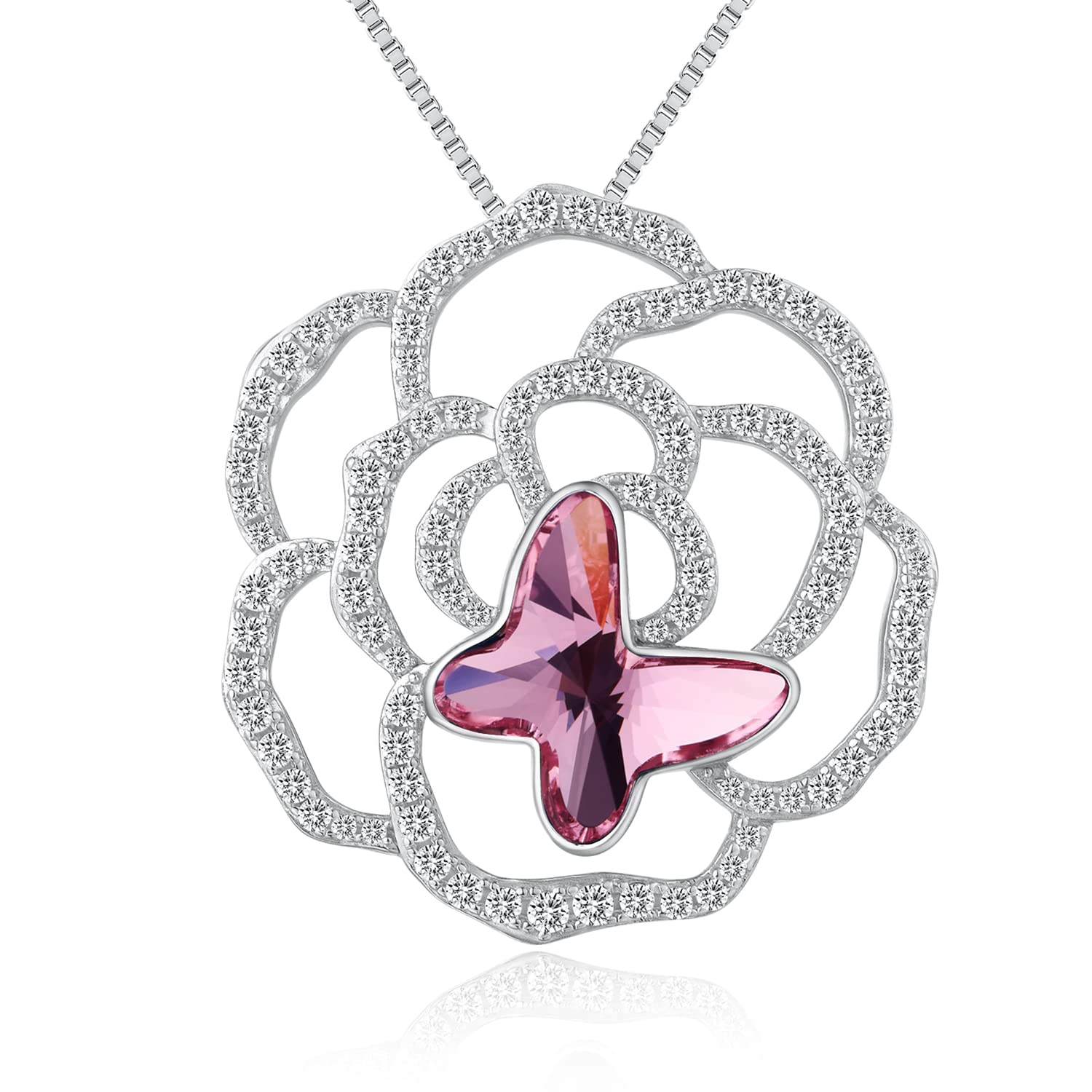 Han han Rose & Butterfly Crystal Necklace - 18K White Gold Plated 925 Sterling Silver Women's Pendant with CZ Diamonds, 18