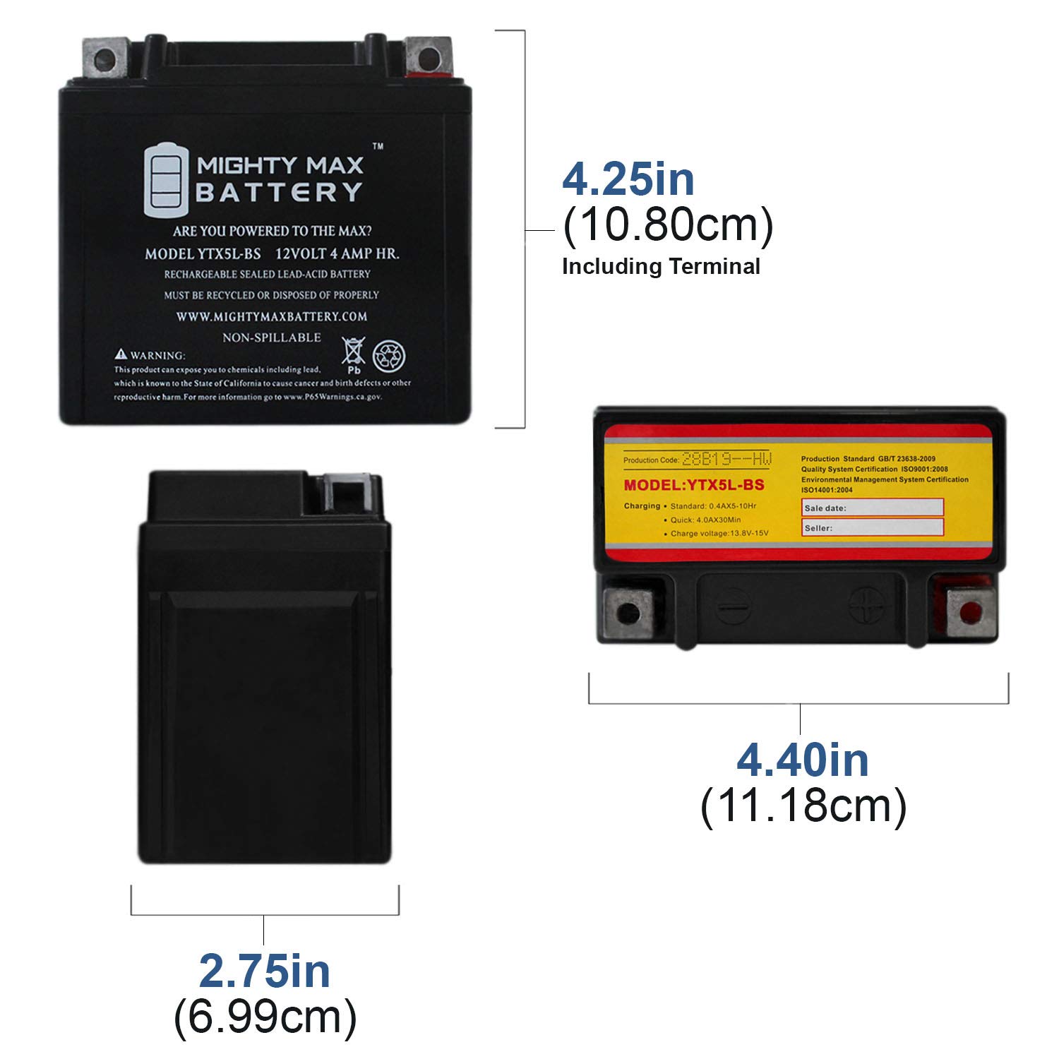 Mighty Max YTX5L-BS 12V 4AH Rechargeable Battery - 3 Pack Replacement for Beta RR 520 2005-2009 Motorcycles | Powers Dirt Bikes, ATVs & Powersports Vehicles