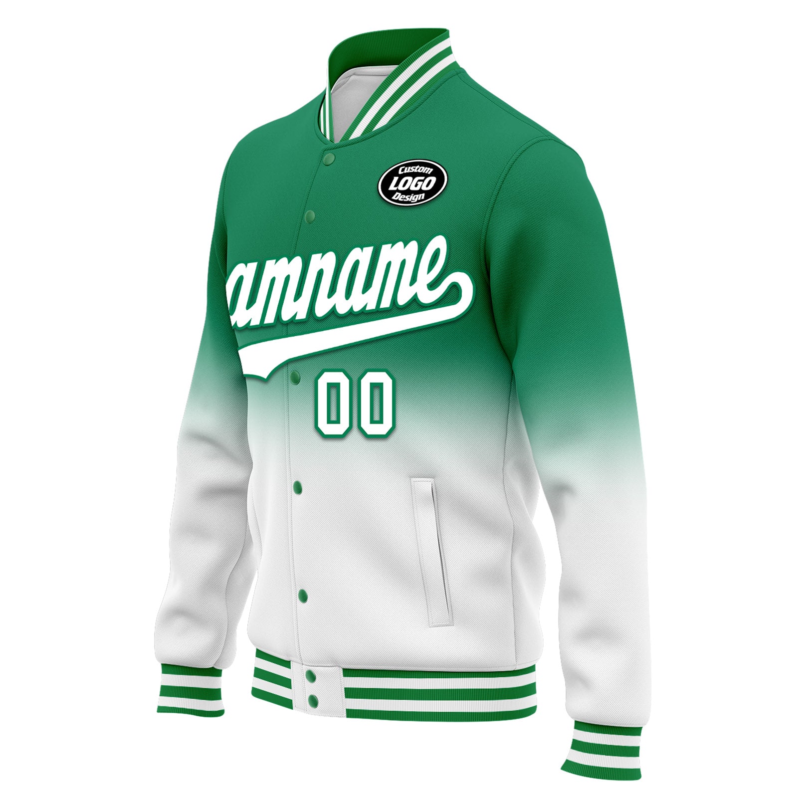 Custom Green & White Fade Bomber Jacket - Personalized Varsity Letterman Jacket with Full Snap Closure (Style FZ005 D020229) - Perfect for School Spirit, Sports Events & Streetwear Fashion