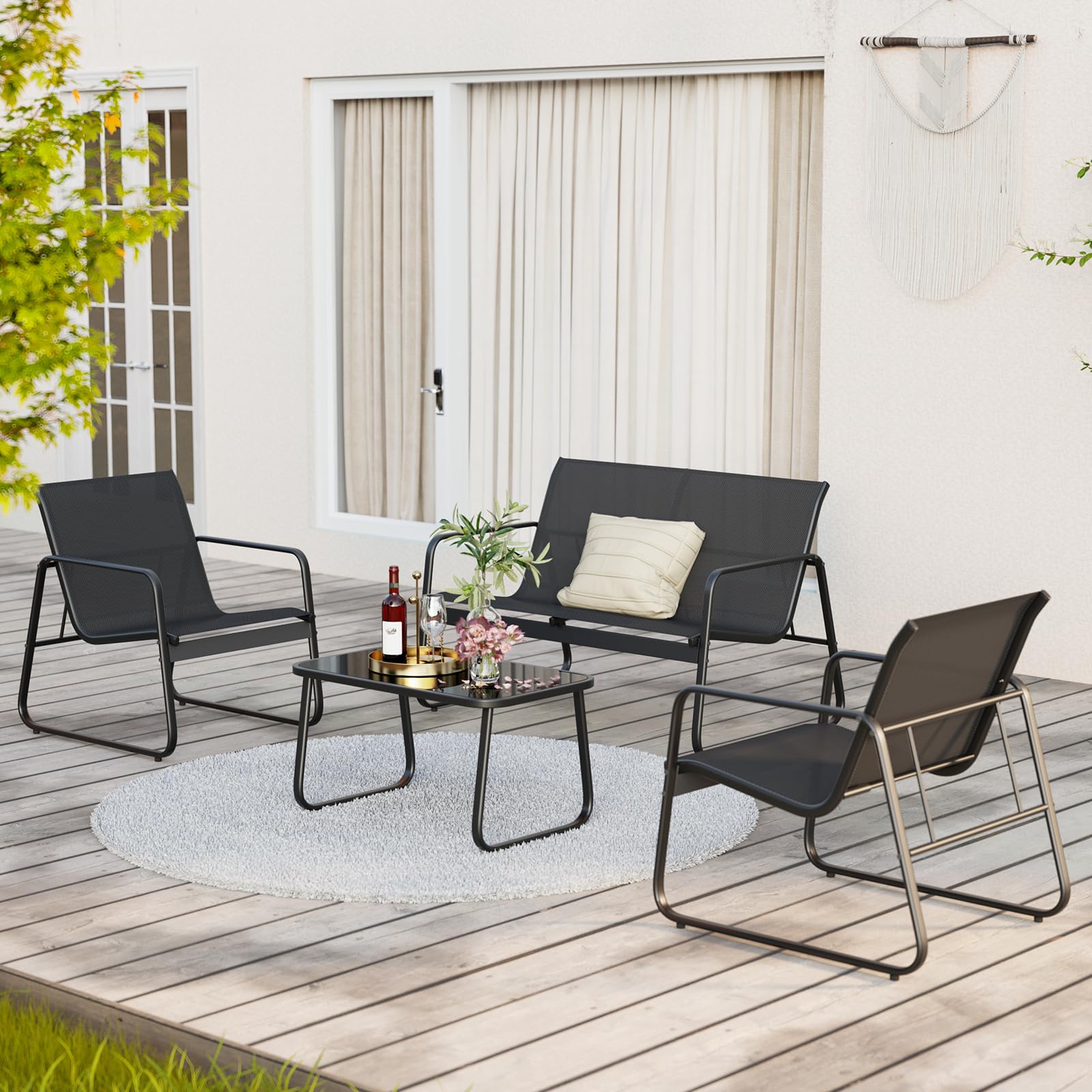 Gizoon 4-Piece Outdoor Patio Furniture Set - Black Loveseat, 2 Chairs & Bistro Table for Backyard, Balcony, Garden, Lawn - Perfect for Relaxing, Entertaining & Outdoor Dining