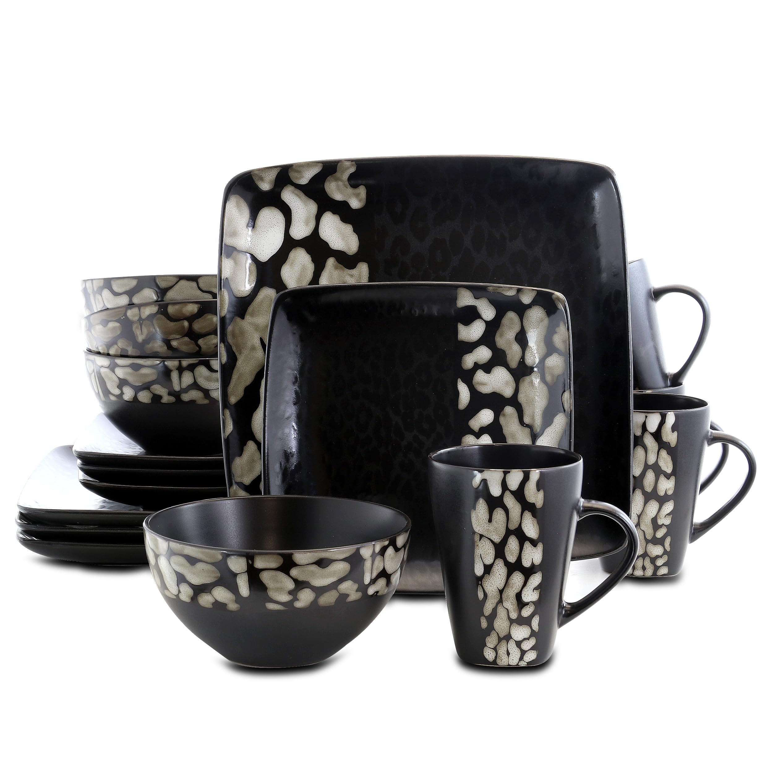 Elama Square Stoneware Dinnerware Set - 16-Piece Matte Black Cheetah Print Plates, Bowls & Mugs - Durable Stoneware for Everyday Use, Dinner Parties & Modern Kitchen Decor