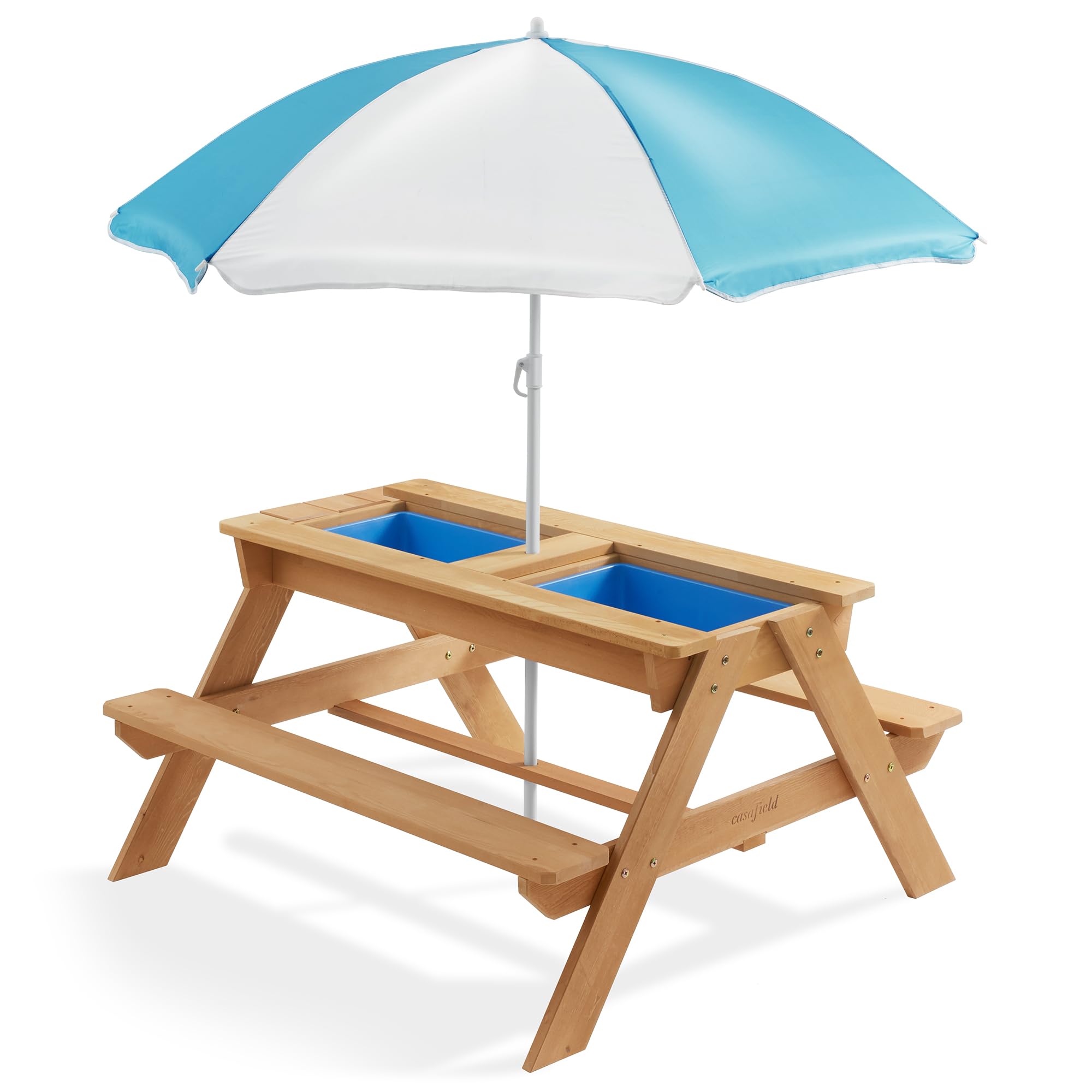 Casafield 3-in-1 Wooden Kids Sand and Water Play Table with Umbrella - Outdoor Activity Table with 2 Play Boxes & Removable Lid - Perfect for Backyard, Patio, Beach & Preschool Playtime