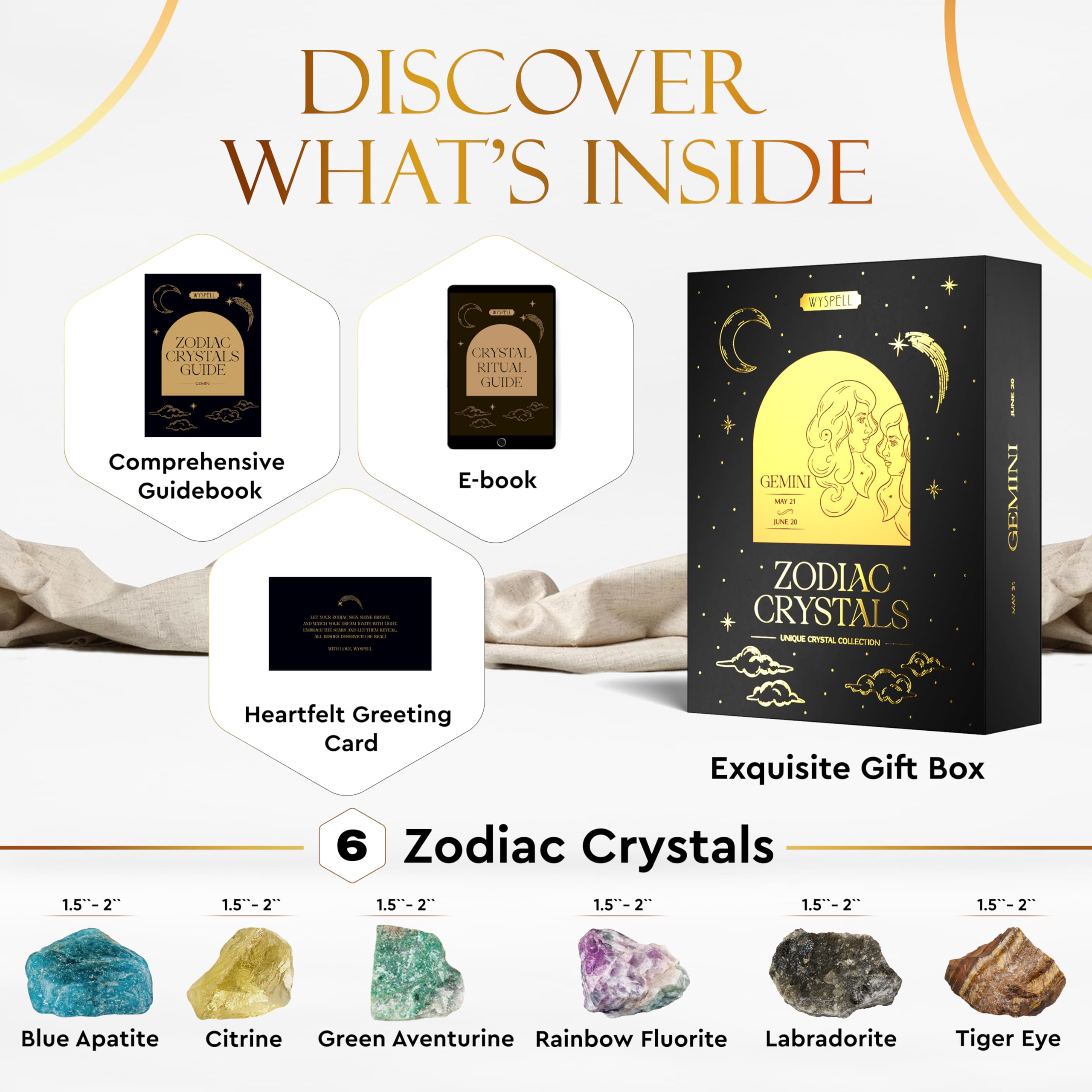 Wyspell Gemini Crystal Set - 6 Raw Natural Healing Stones for Zodiac Gifts, Birthday Presents & Spiritual Healing - Perfect for Meditation, Reiki Energy Work & Astrology Enthusiasts