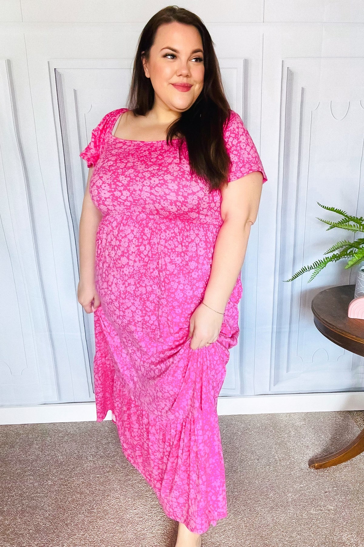 Perfectly You Fuchsia Ditzy Floral Fit & Flare Maxi Dress - Women's Summer Boho Beach Dress for Vacation, Wedding Guest & Outdoor Parties