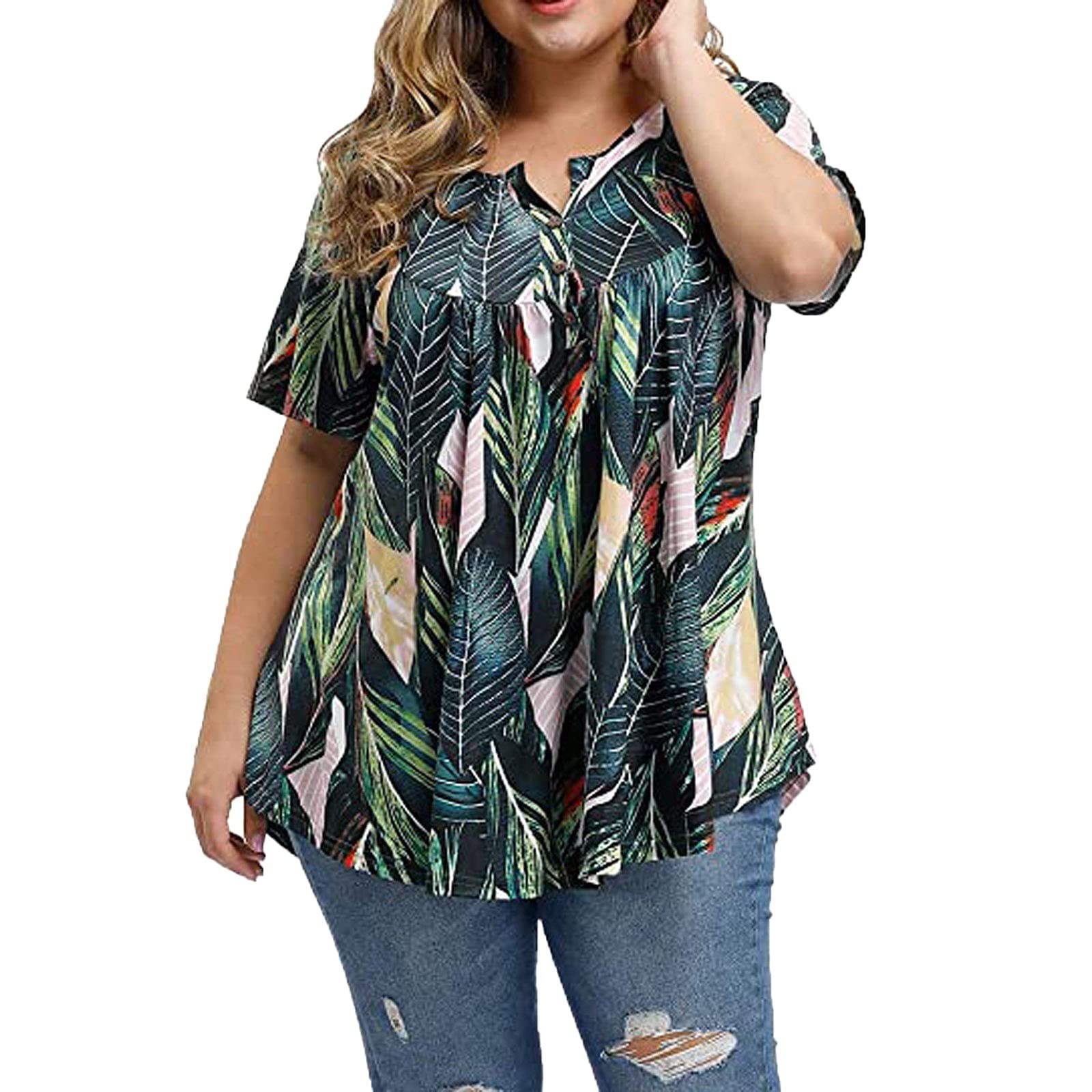 Plus Size Women's Summer Blouses - Flowy Henley V-Neck Button Up Tunic Tops with Ruffles & Short Sleeves | Casual Wear, Beach Cover-Up, Office Outfit