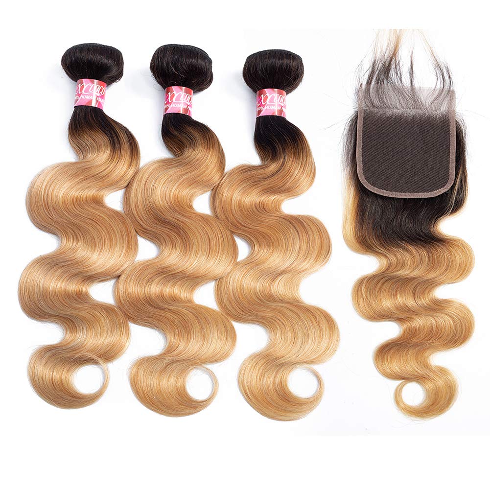 XCCOCO Ombre Body Wave Human Hair Bundles with Closure T1B/27 Dark Roots Blonde - 100% Peruvian Virgin Remy Hair Extensions (10+10+12+10inch) for Natural Look & Styling - Perfect for Parties, Weddings & Daily Wear