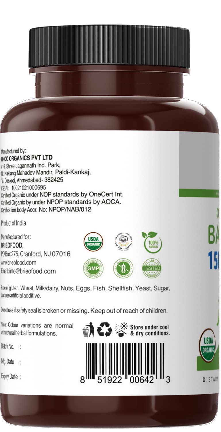 Brieofood Organic Bacopa 1500mg Supplement - 90 Vegetarian Tablets (45 Servings) | Gluten-Free, Non-GMO Brain Support for Memory & Focus | Daily Cognitive Enhancement for Students & Professionals