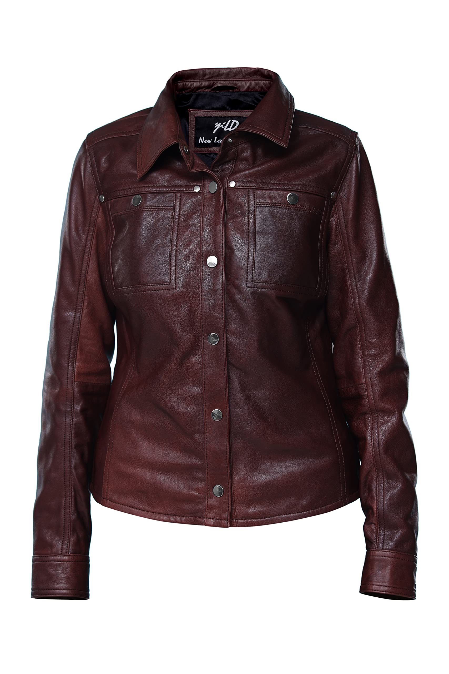Jild Women's Button Front Lambskin Leather Jacket Shacket - Long Sleeve Casual Shirt Jacket with Bust Pocket | Perfect for Fall Layering, Date Nights & Office Wear