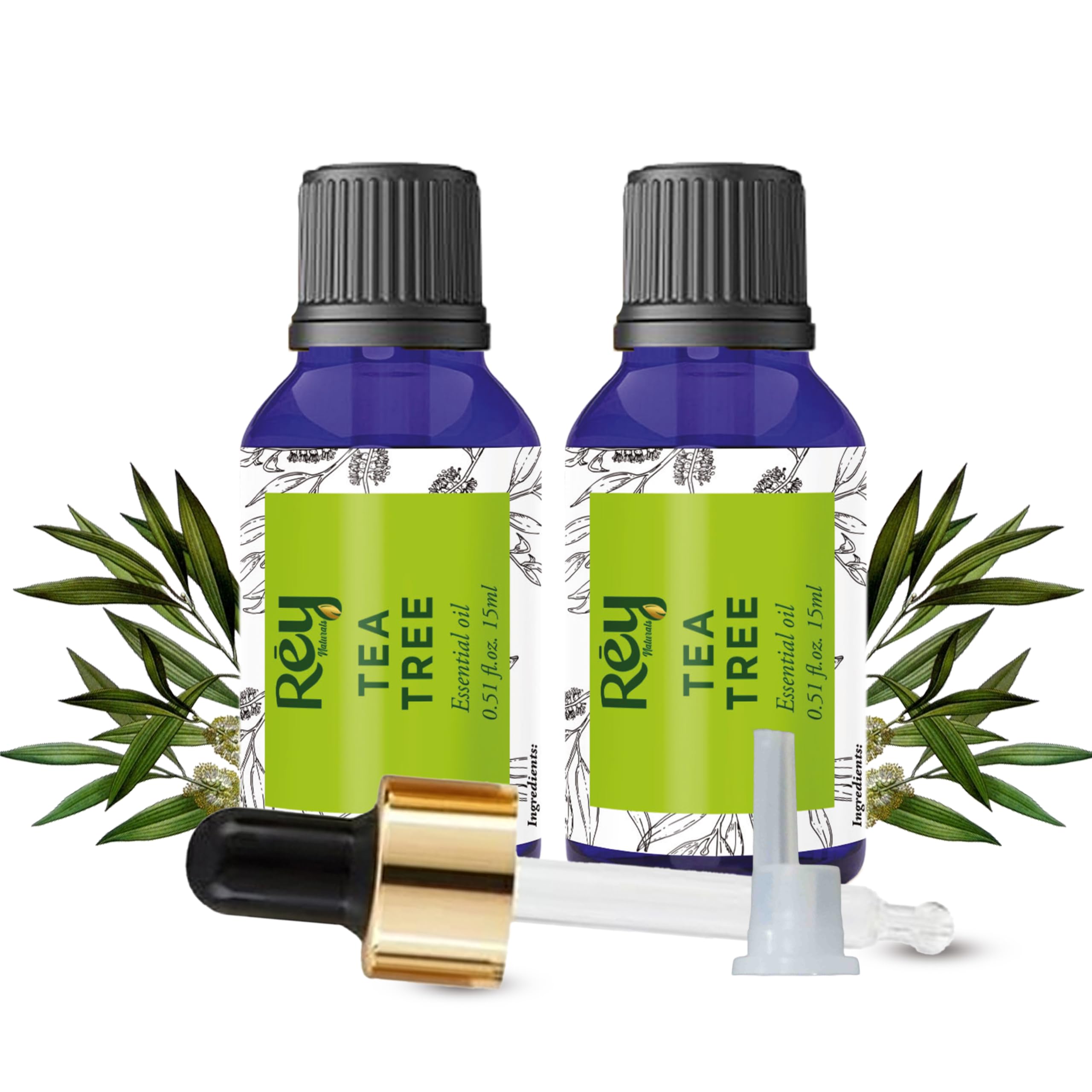 Rey Naturals 100% Pure Tea Tree Essential Oil for Hair Growth, Scalp Care, Acne Treatment & Aromatherapy | Natural Remedy for Dandruff, Stress Relief & Skin Care | Perfect for Diffusers, Massage & DIY Beauty - 15ml Bottle