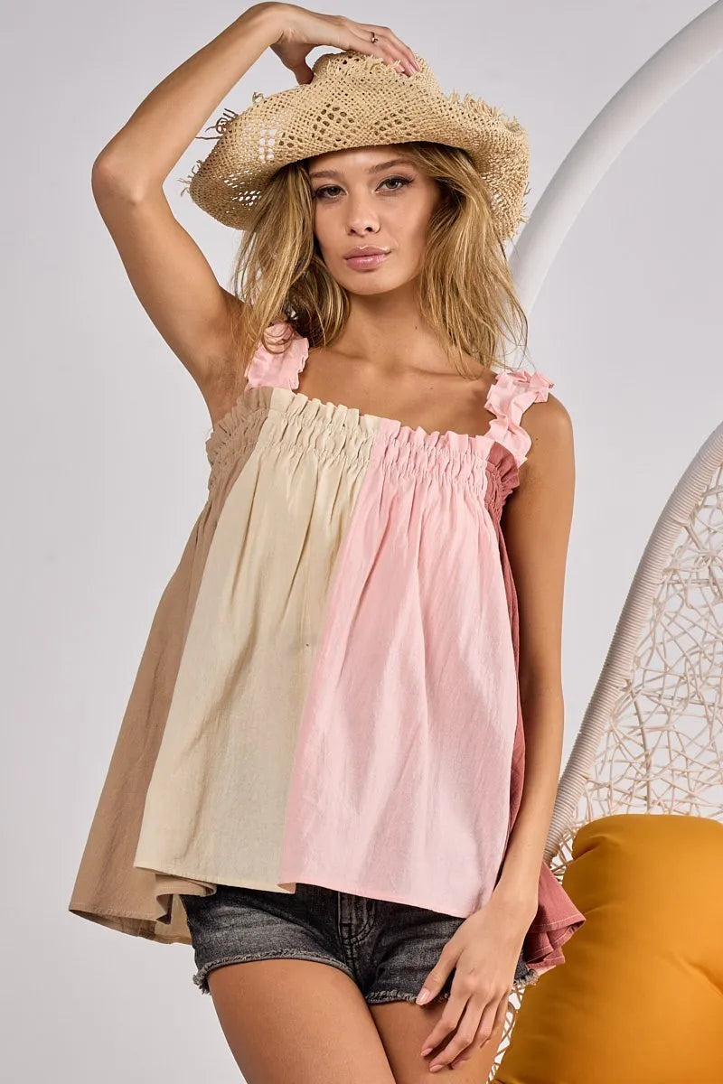 BiBi Frill Shoulder Strap Color Block Bodice Top - Women's Fashion Blouse for Party, Date Night & Casual Wear