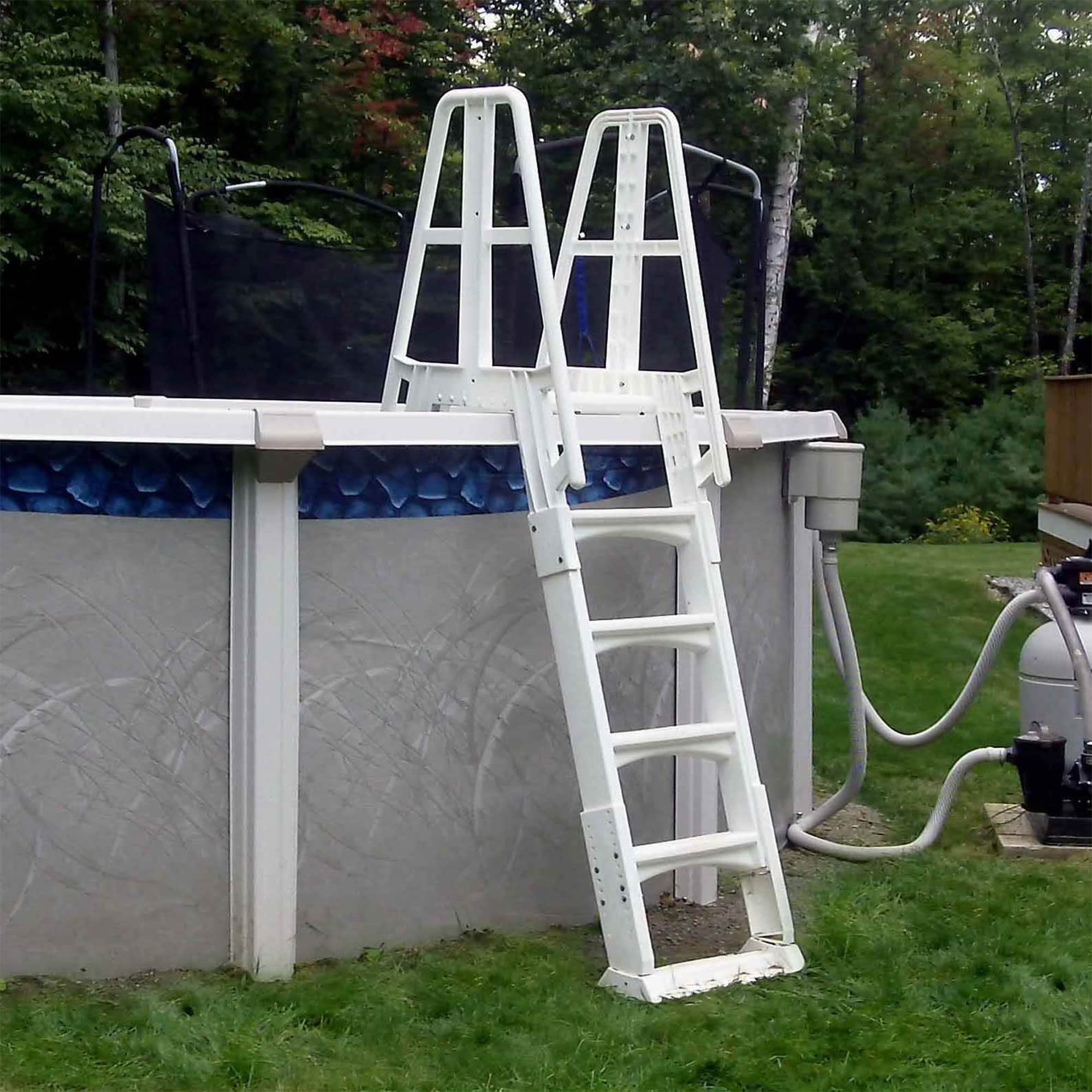 Vinyl Works SLA A-Frame 48-56 Inch Adjustable Above Ground Pool Ladder with Slide Lock Safety Barrier & Handrails - White | Easy Entry/Exit for Inground & Above Ground Swimming Pools | Perfect for Backyard, Family Use & Summer Fun