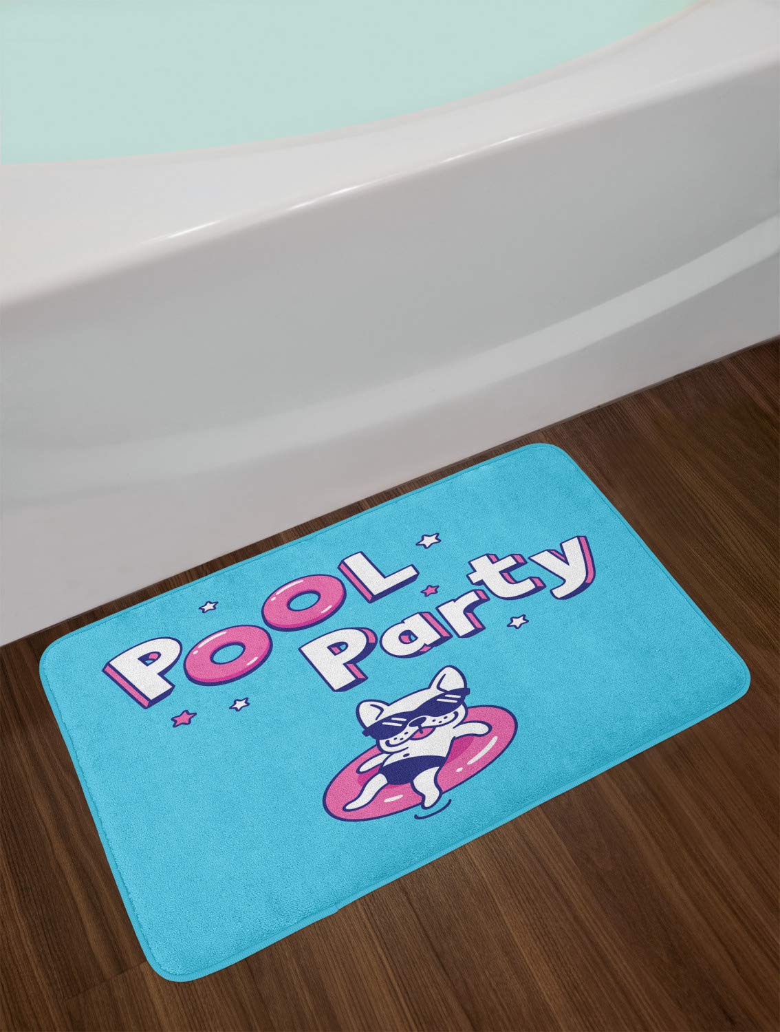Ambesonne Non-Slip Bath Mat - Cartoon Starry Pool Party Design with Funny Dog, Soft Plush Bathroom Decor Mat, 30.2