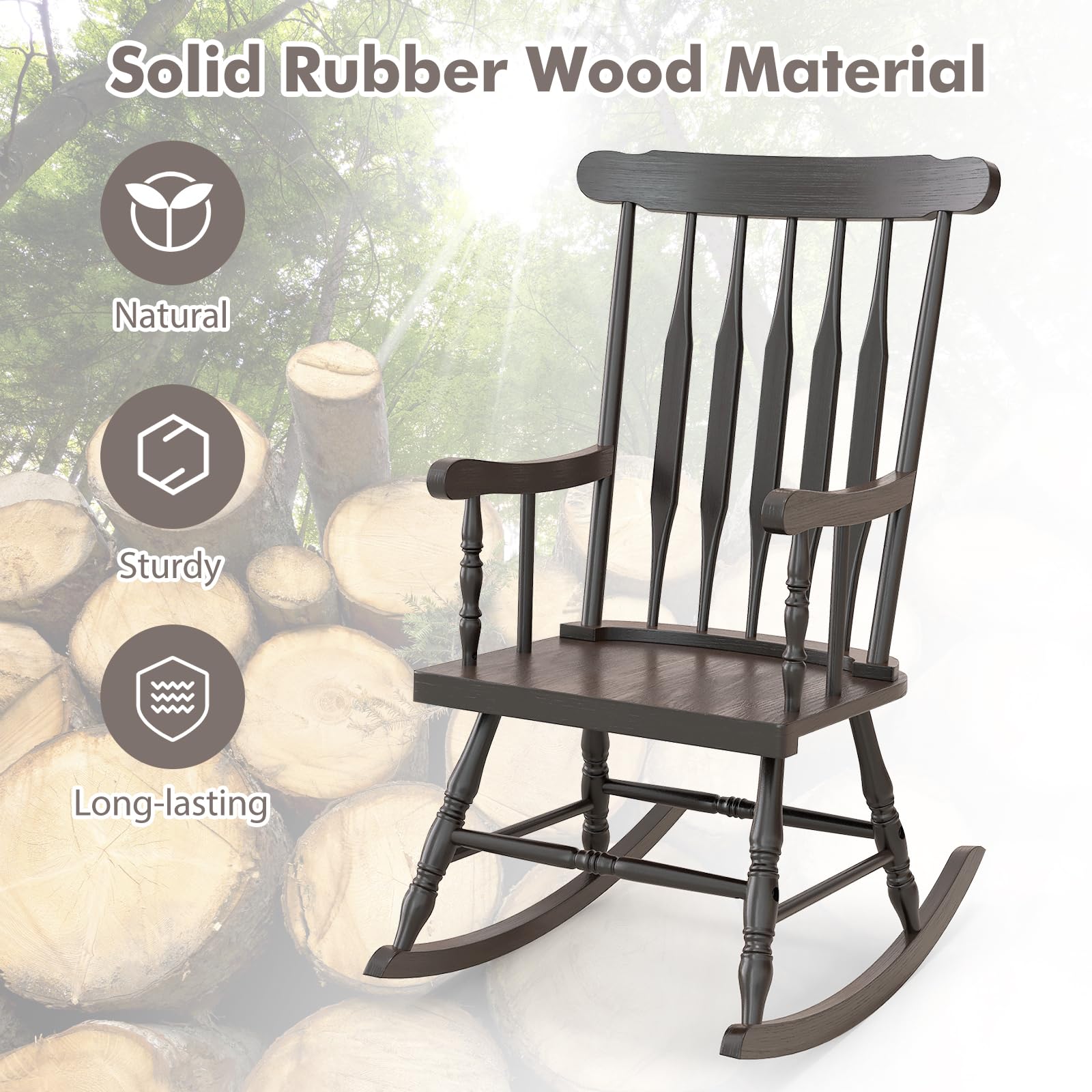Tangkula Solid Rubber Wood Patio Rocking Chair - Outdoor Porch Rocker with Durable Wood Frame - Indoor/Outdoor Wooden Rocking Chair for Garden, Backyard, Balcony & Living Room - Comfortable Seating for Relaxation (2-Pack, Espresso)