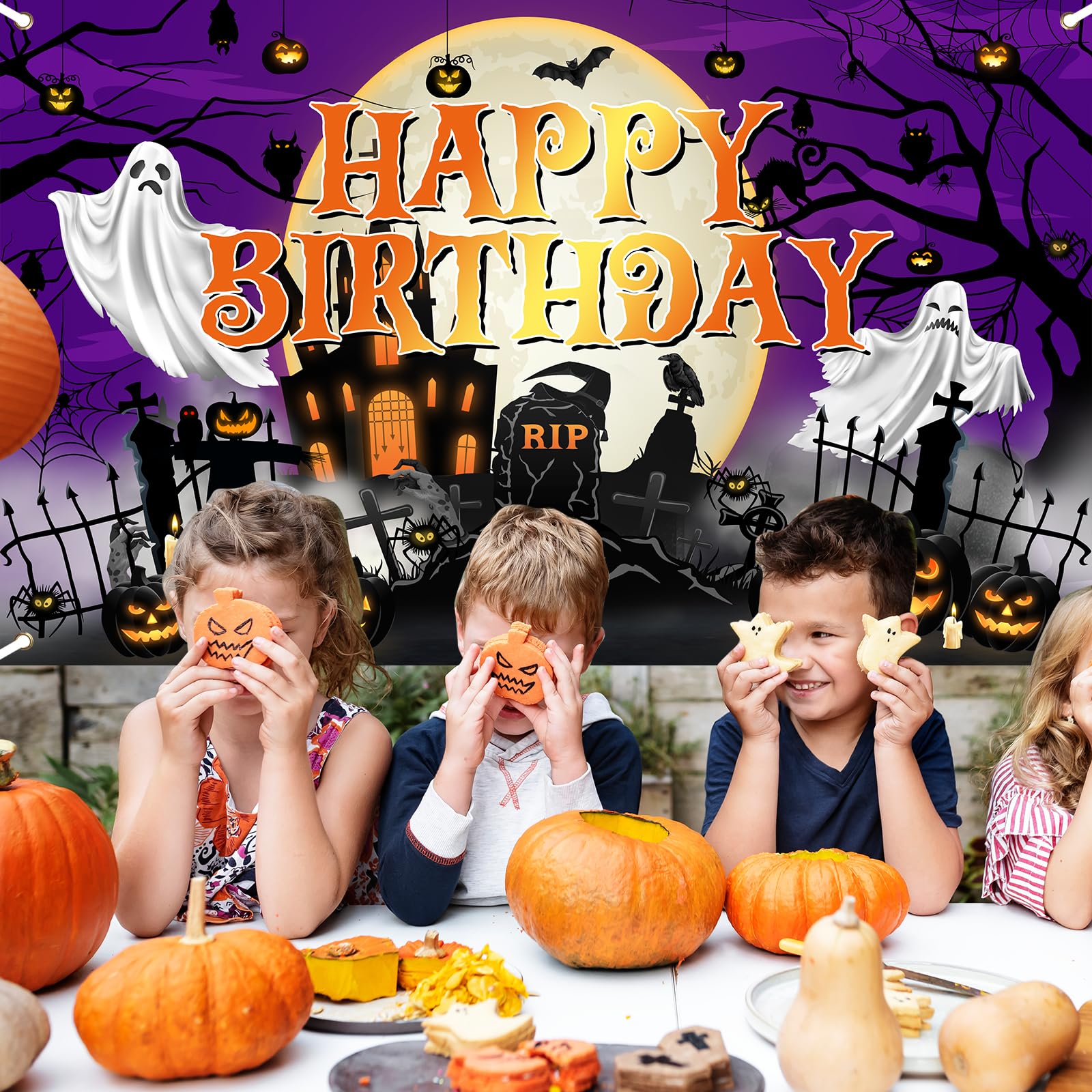 Avezano Halloween Birthday Banner - Purple Horror Moon Night Decor for Kids Parties