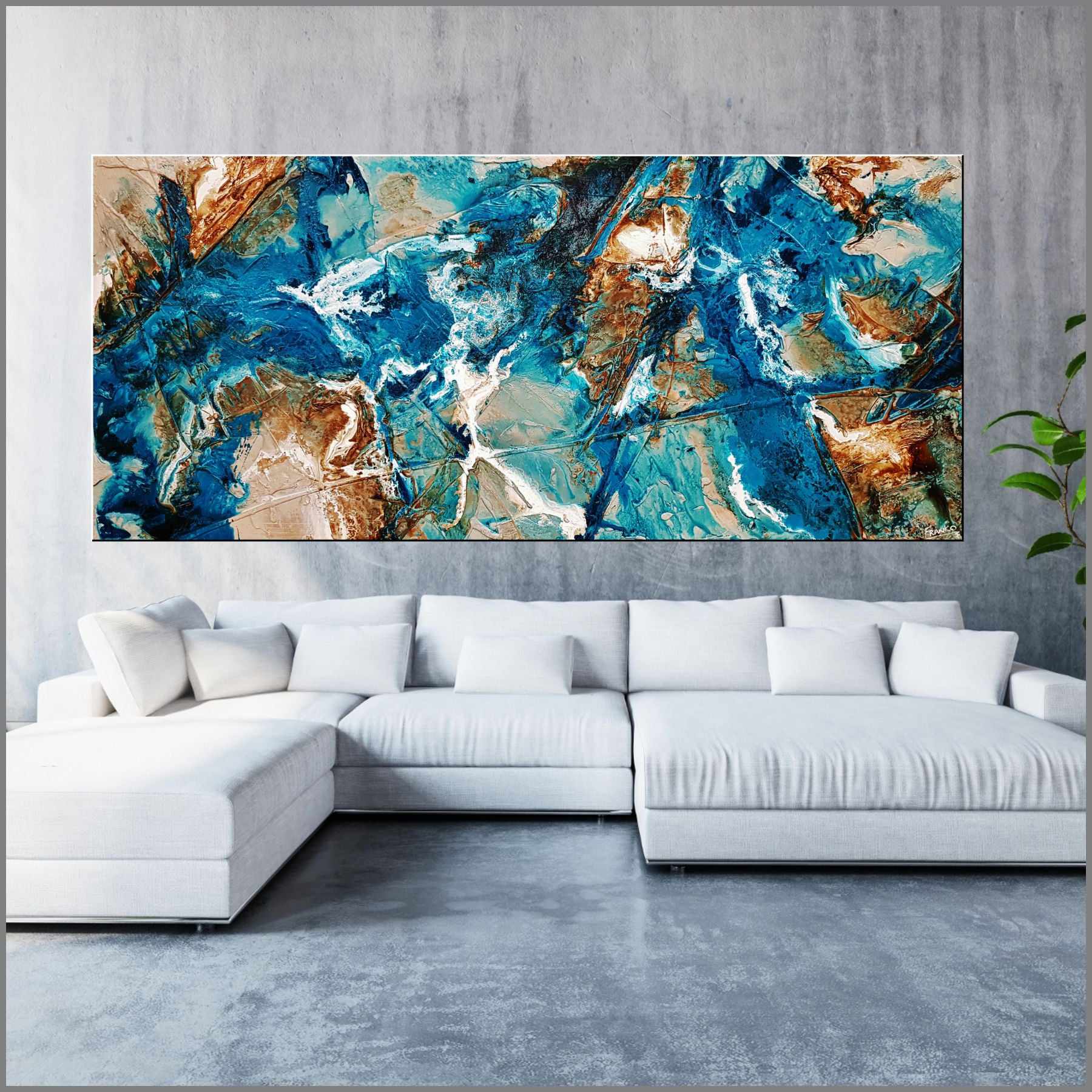 270cm x 120cm Turquoise White Textured Abstract Canvas Painting - Modern Wall Art for Living Room, Bedroom & Office Decor - Large Contemporary Home Artwork